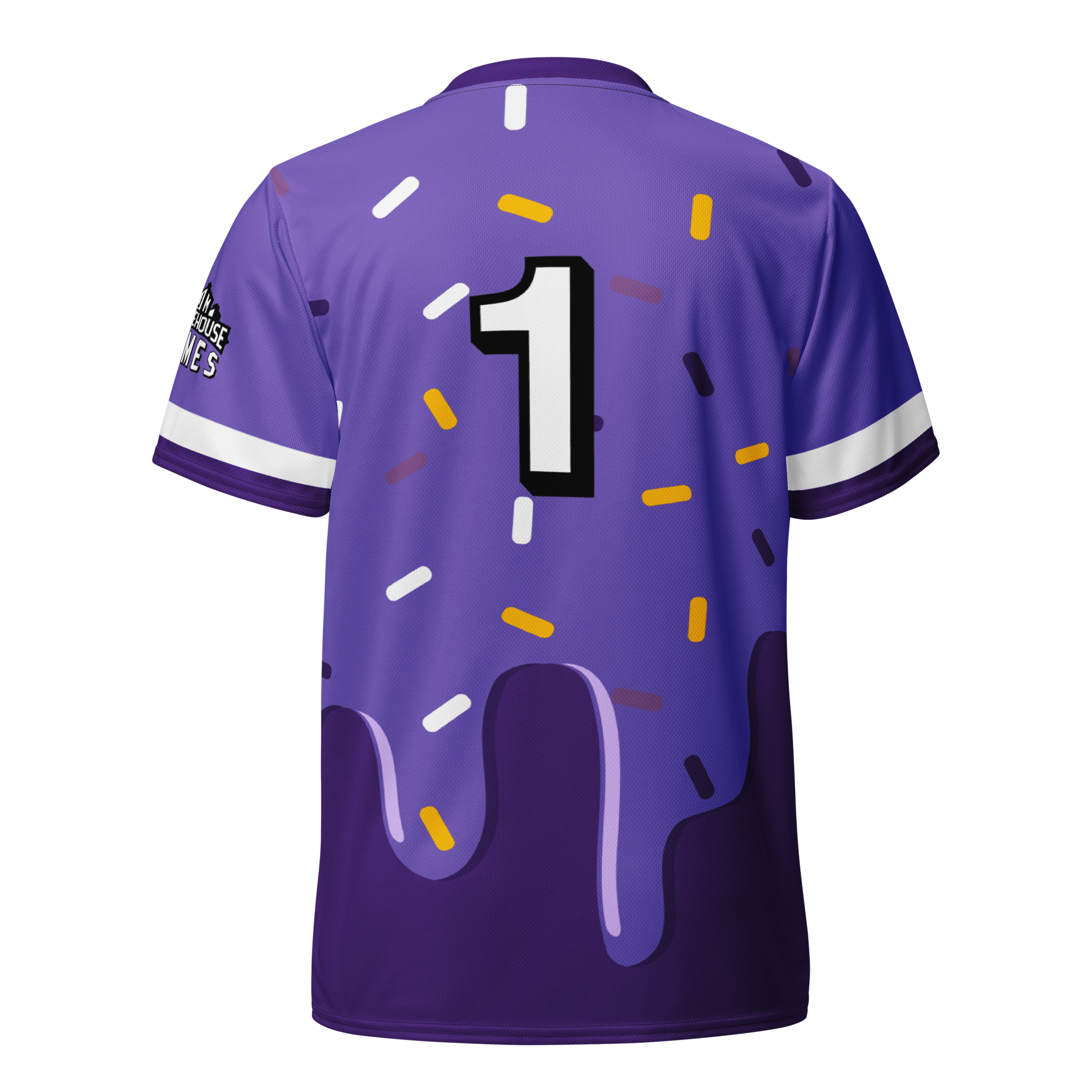 Purple sports jersey with a large white number "1" on the back, decorated with colorful confetti and a dripping design.
