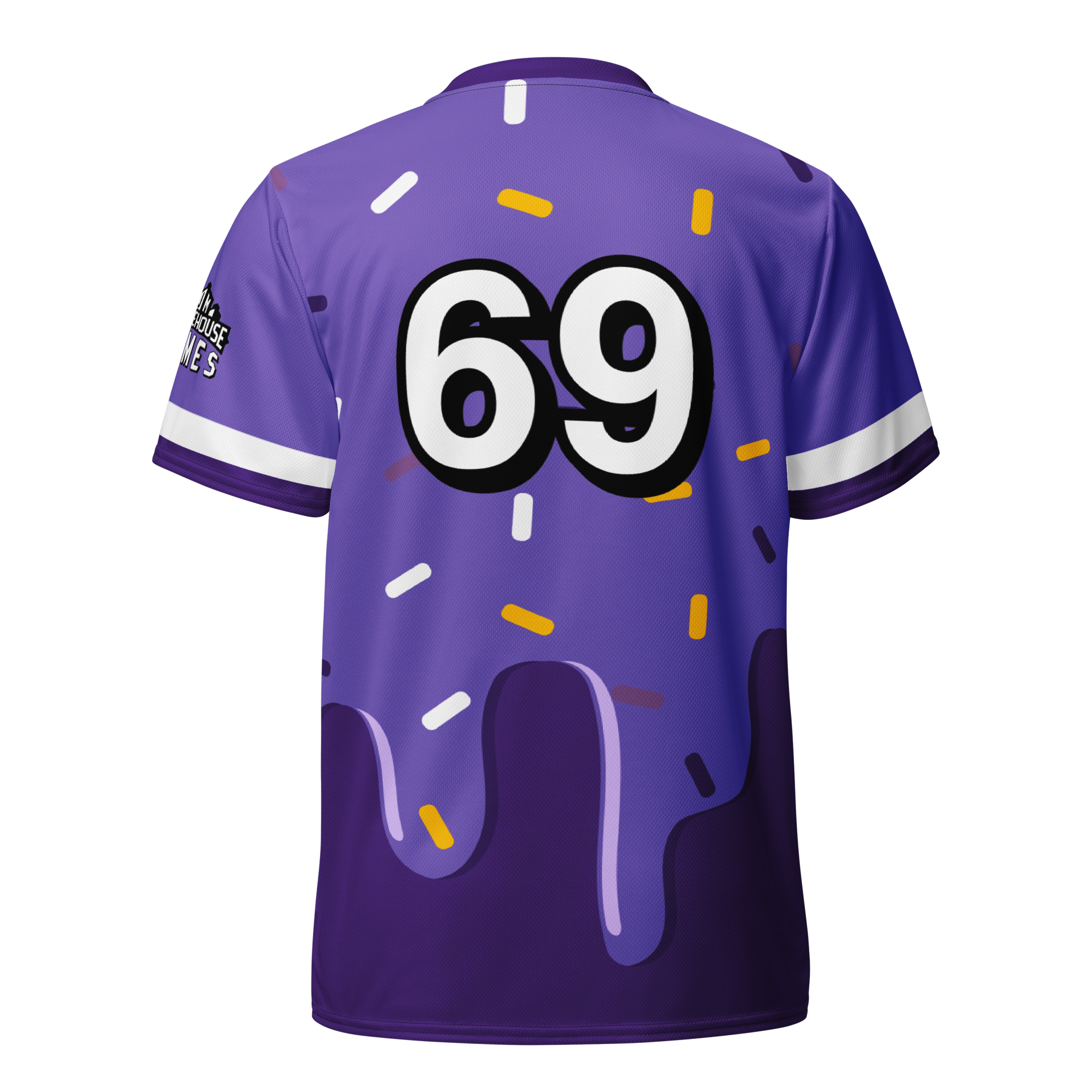 Back of a purple Blitzball Battle 6 jersey with the number 69, colorful confetti design, and a logo on the sleeve.