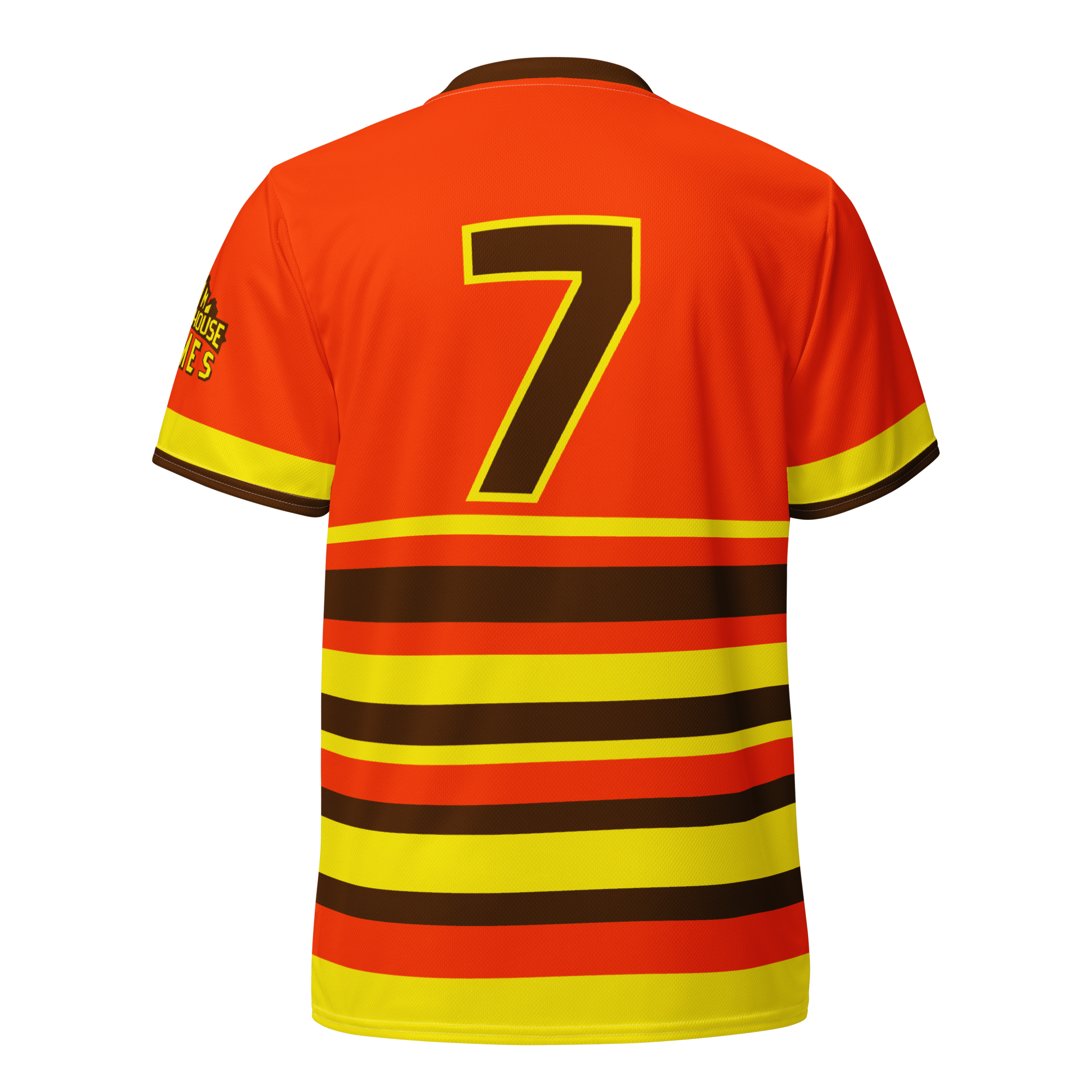 Back view of a vibrant red, yellow, and black Blitzball Battle 6 sports jersey with the number 7 and team logo on the sleeve.