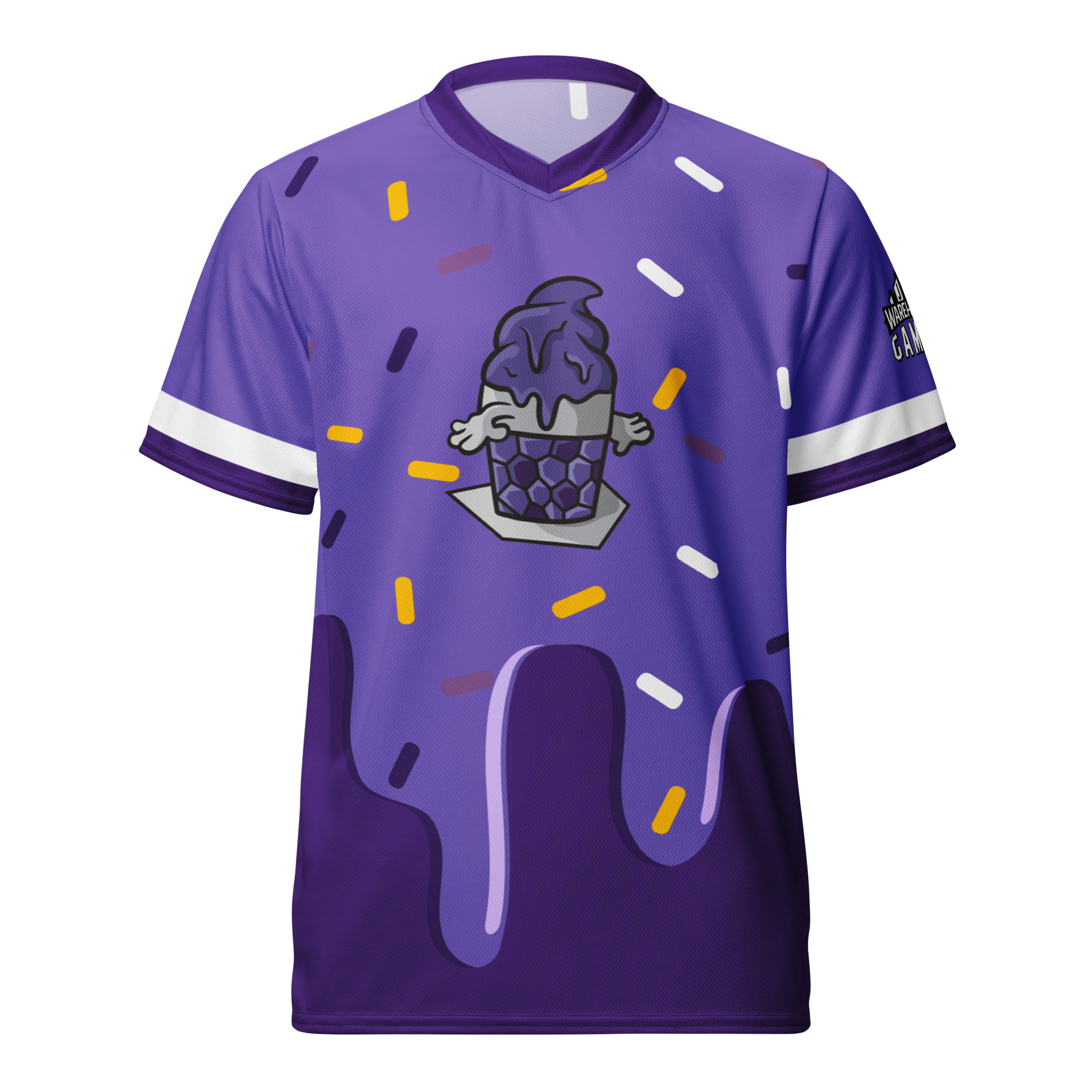 Purple gaming jersey featuring a cartoon ice cream cone with arms, surrounded by colorful sprinkles and a "MacFlurry Power" theme.