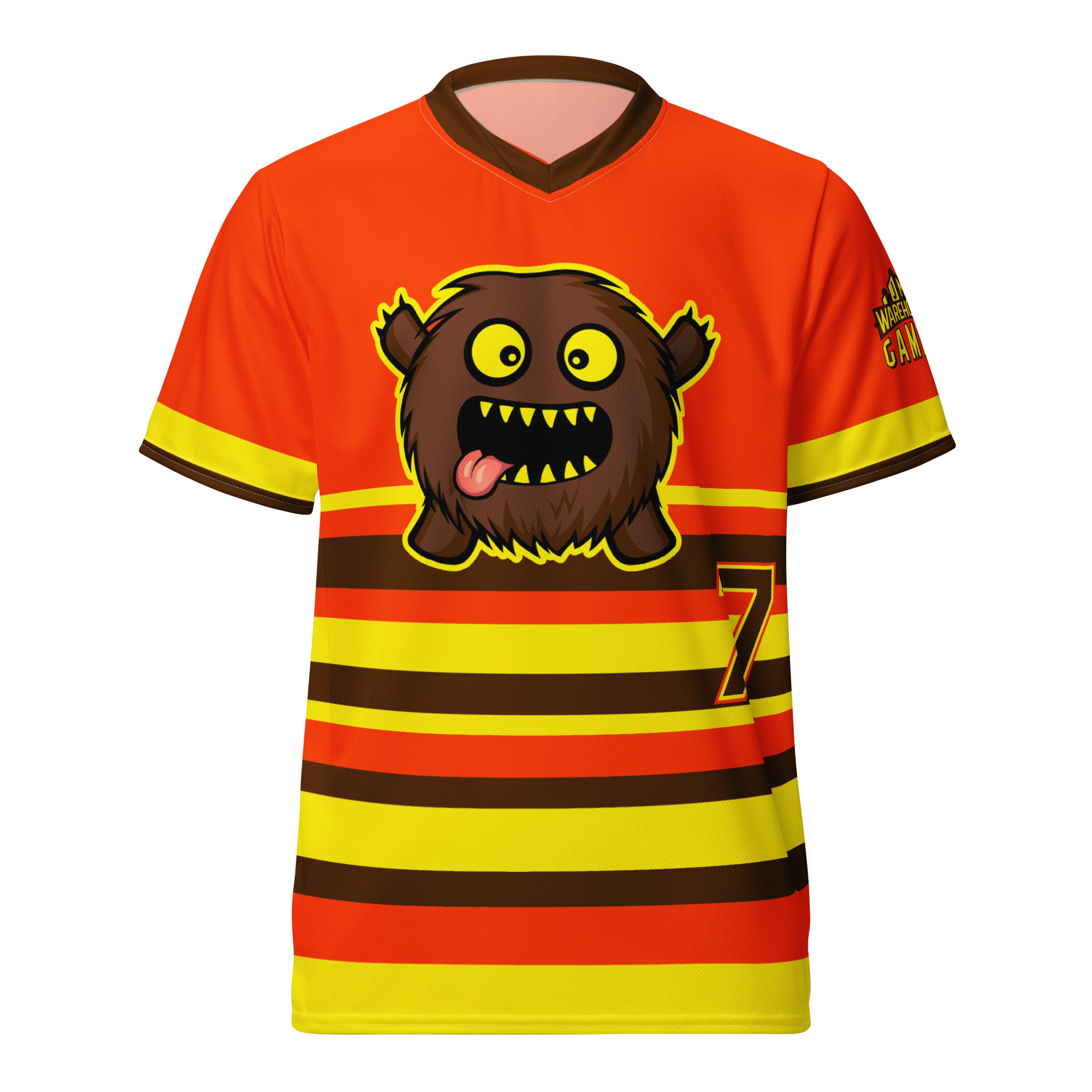 Bright orange and yellow striped sports jersey featuring a cartoon monster with big yellow eyes, sharp teeth, and tongue out.