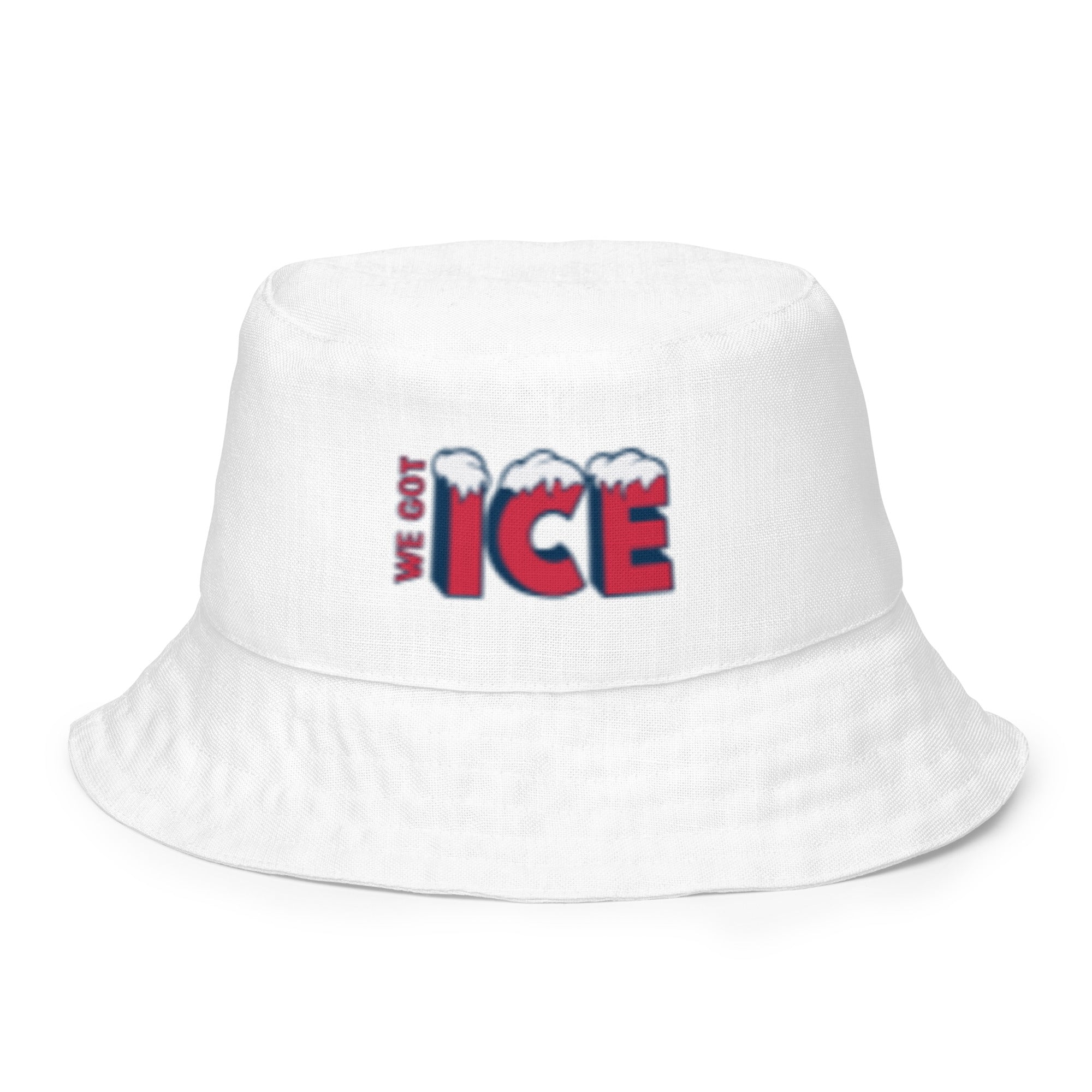 White reversible bucket hat with "We Got Ice" and ice-themed text embroidered on the front.