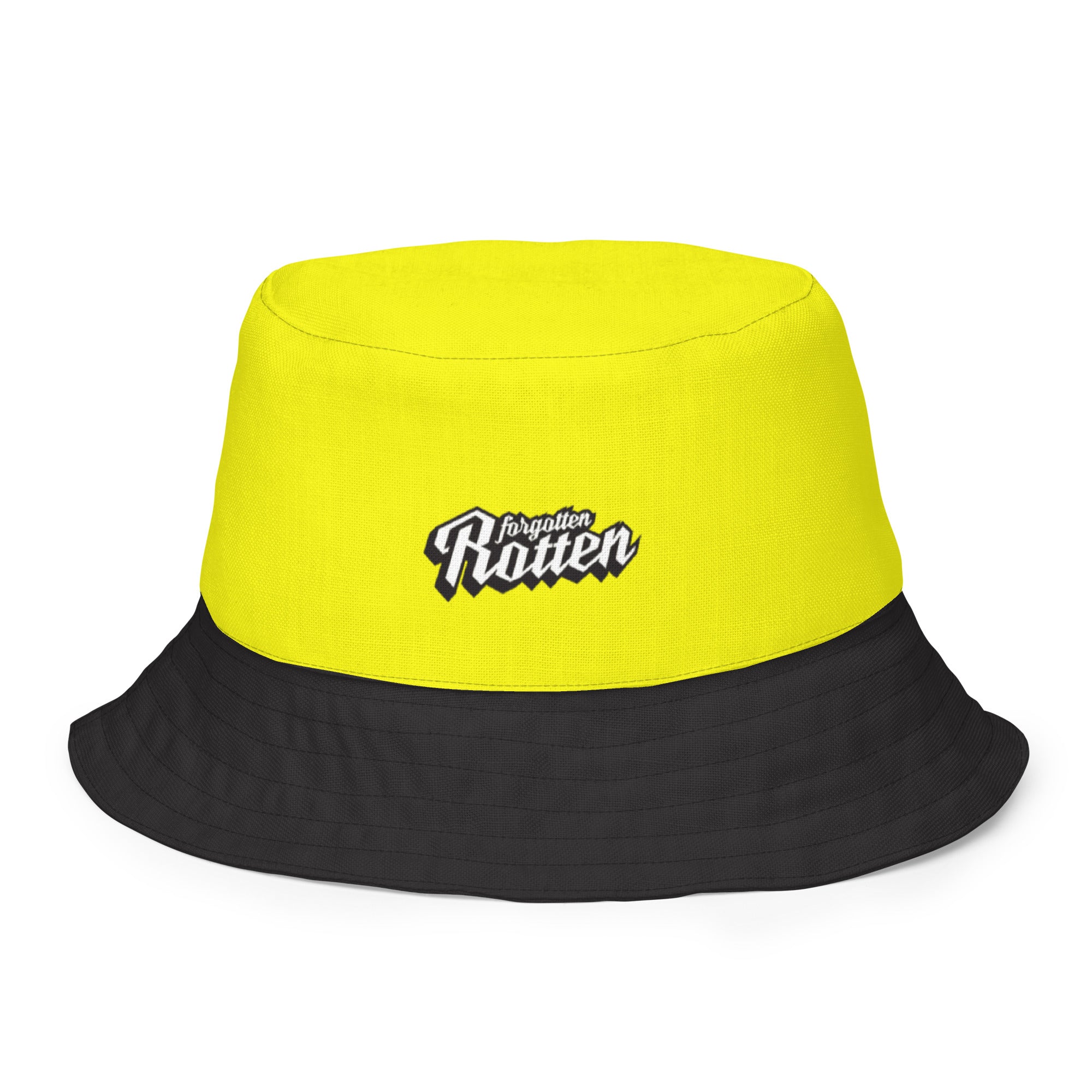 Reversible yellow and black bucket hat with "Forgotten Rotten" logo embroidered on the front.