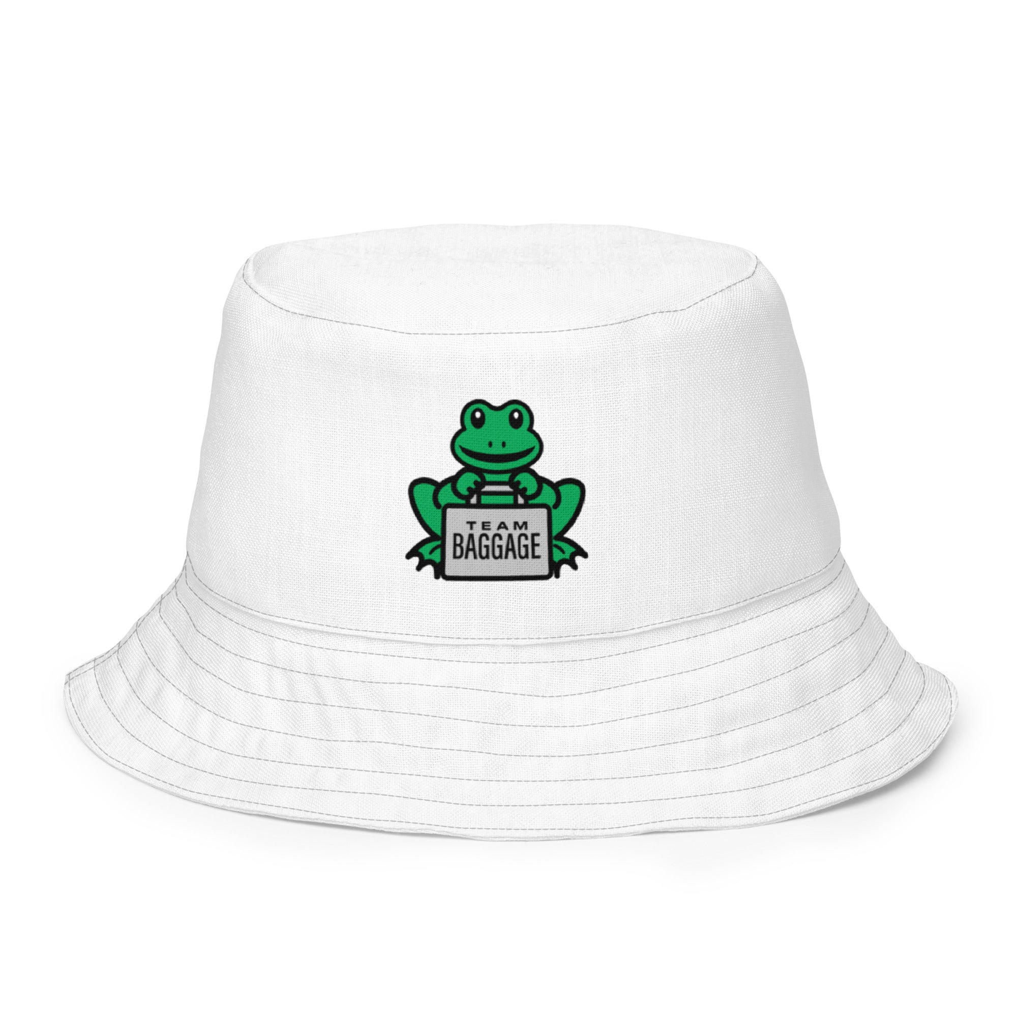 Reversible white bucket hat featuring a green frog holding a "Team Baggage" sign, designed for sports or casual wear.