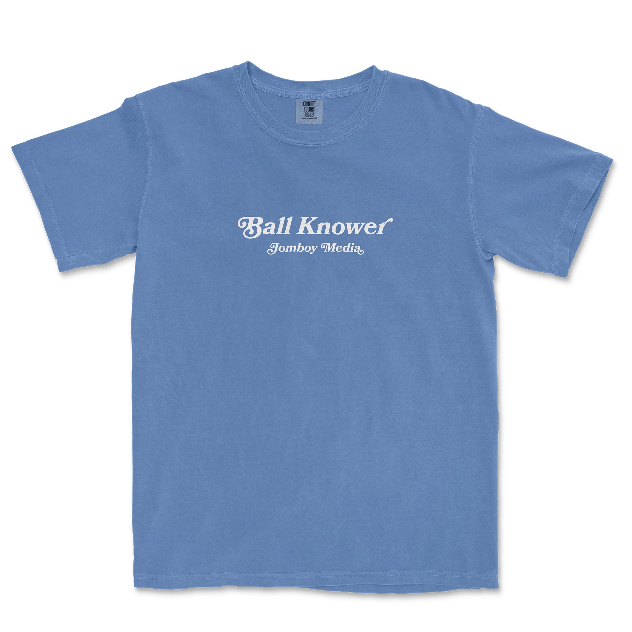Blue Comfort Colors T-shirt with white "Ball Knower" and "Jomboy Media" text printed on the front.