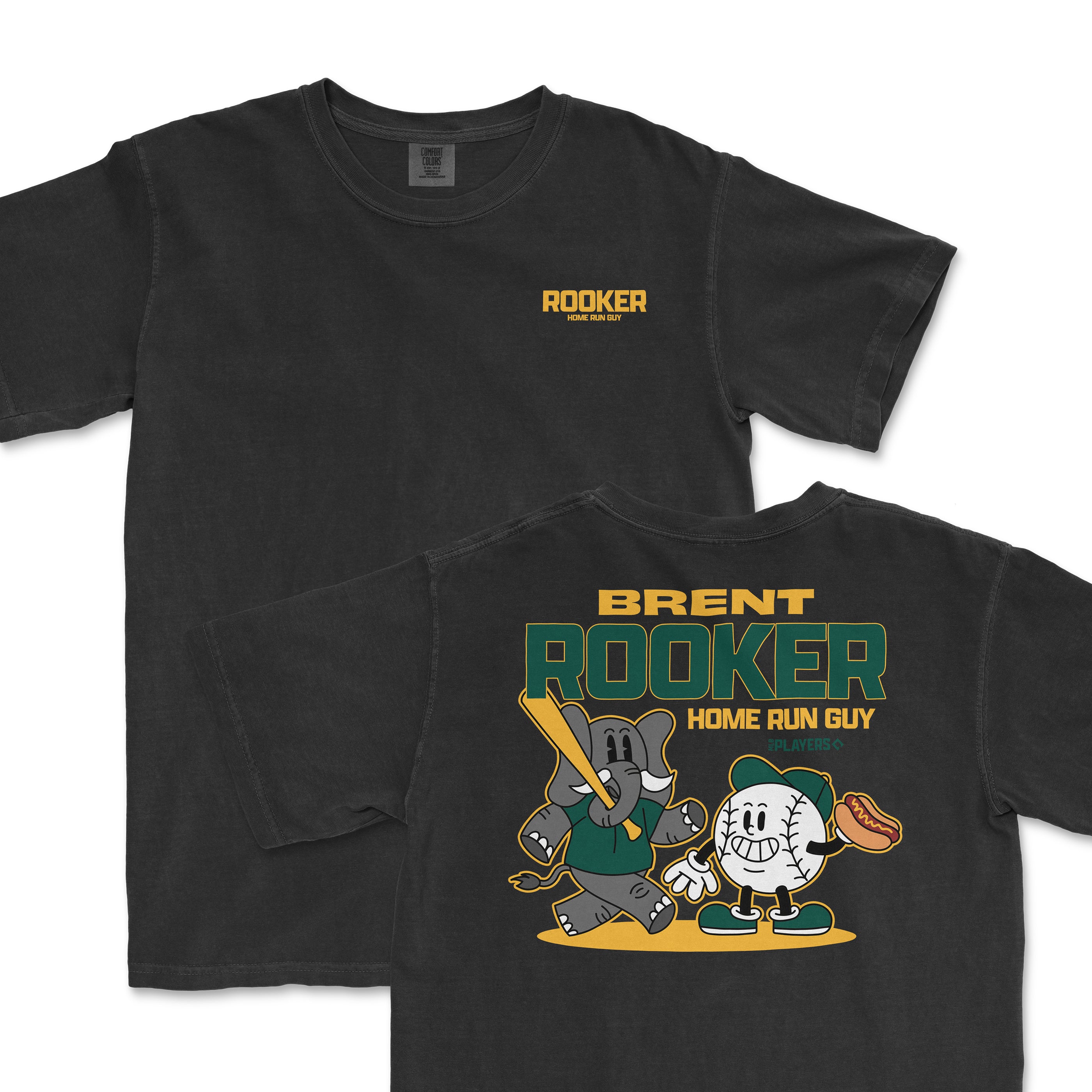 Brent Rooker summer cartoon t-shirt featuring playful graphics of a baseball player and a cartoon baseball.