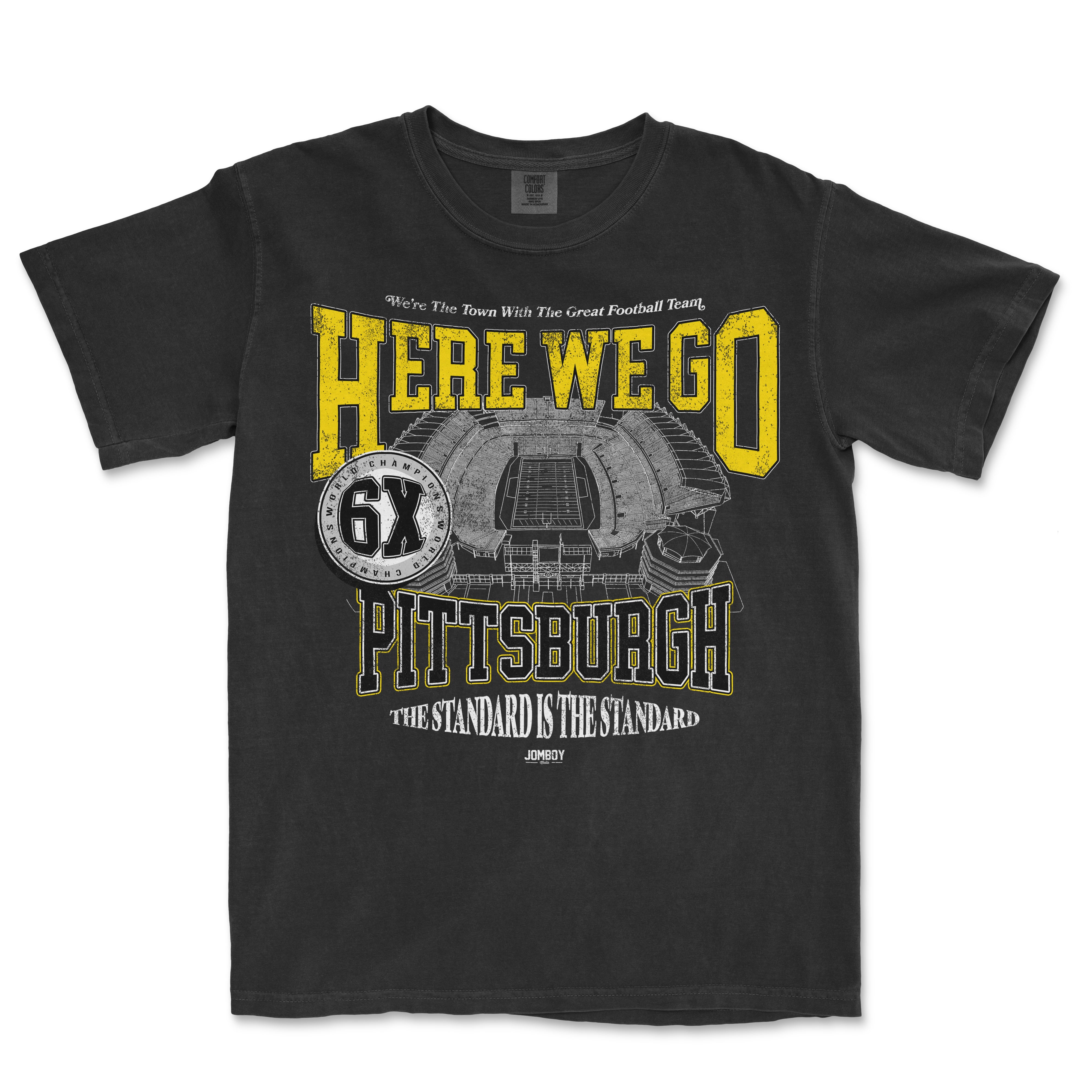 Black T-shirt featuring yellow and white text, a stadium graphic, and Pittsburgh-themed football team design.