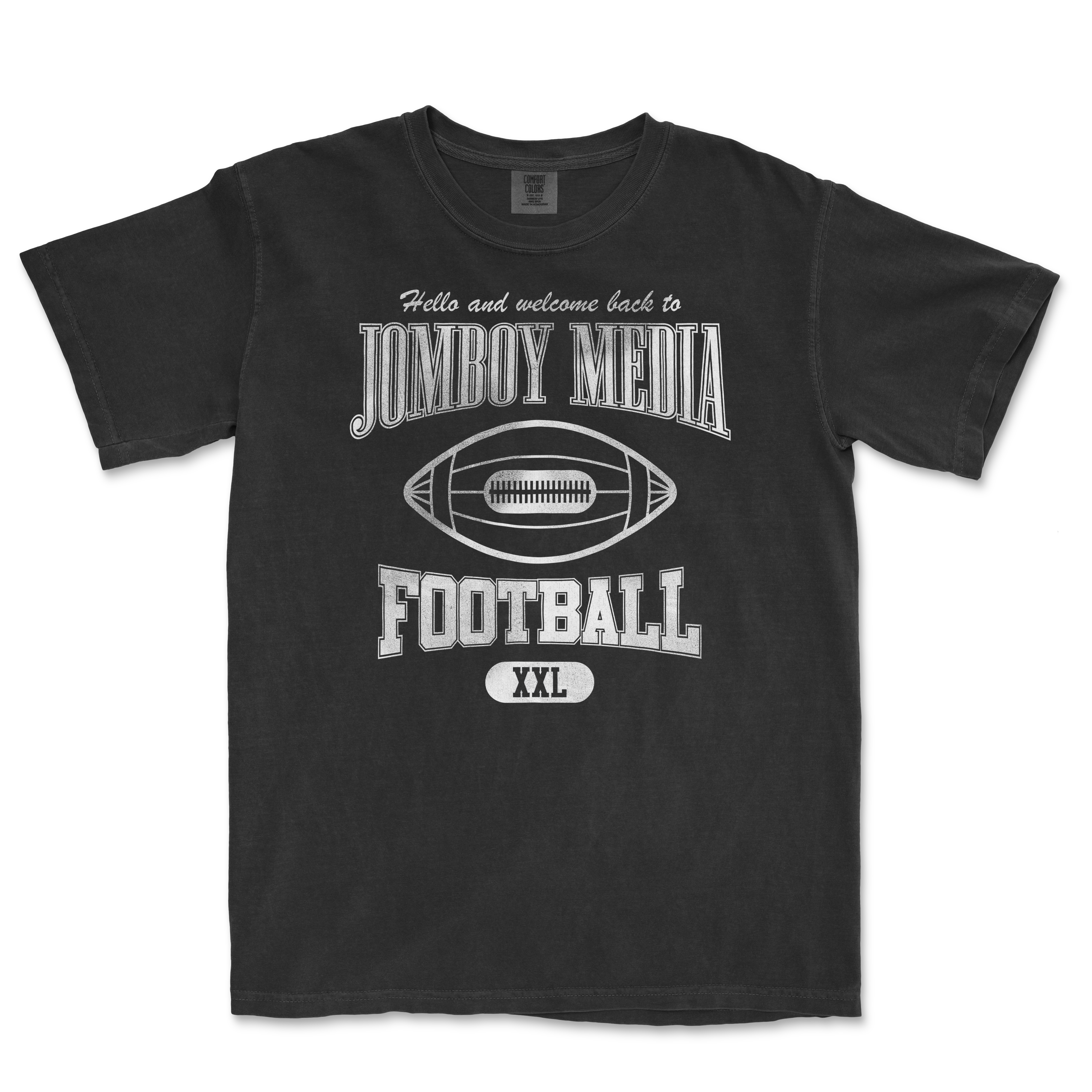 Black t-shirt featuring "Hello and welcome back to Jomboy Media Football" with a football graphic and XXL size label.