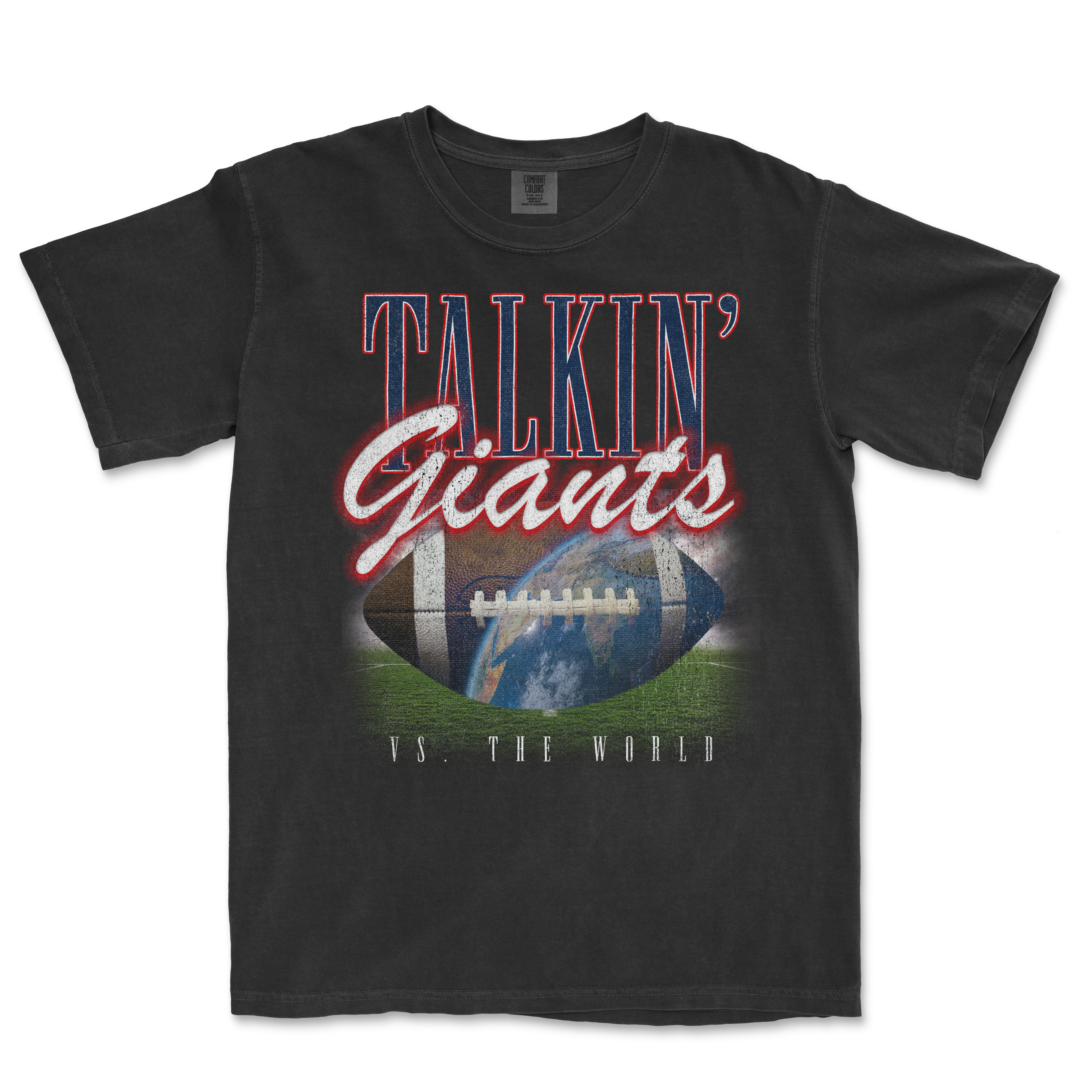 Black t-shirt featuring "Talkin' Giants vs. The World" graphic with a football design, perfect for Giants fans.