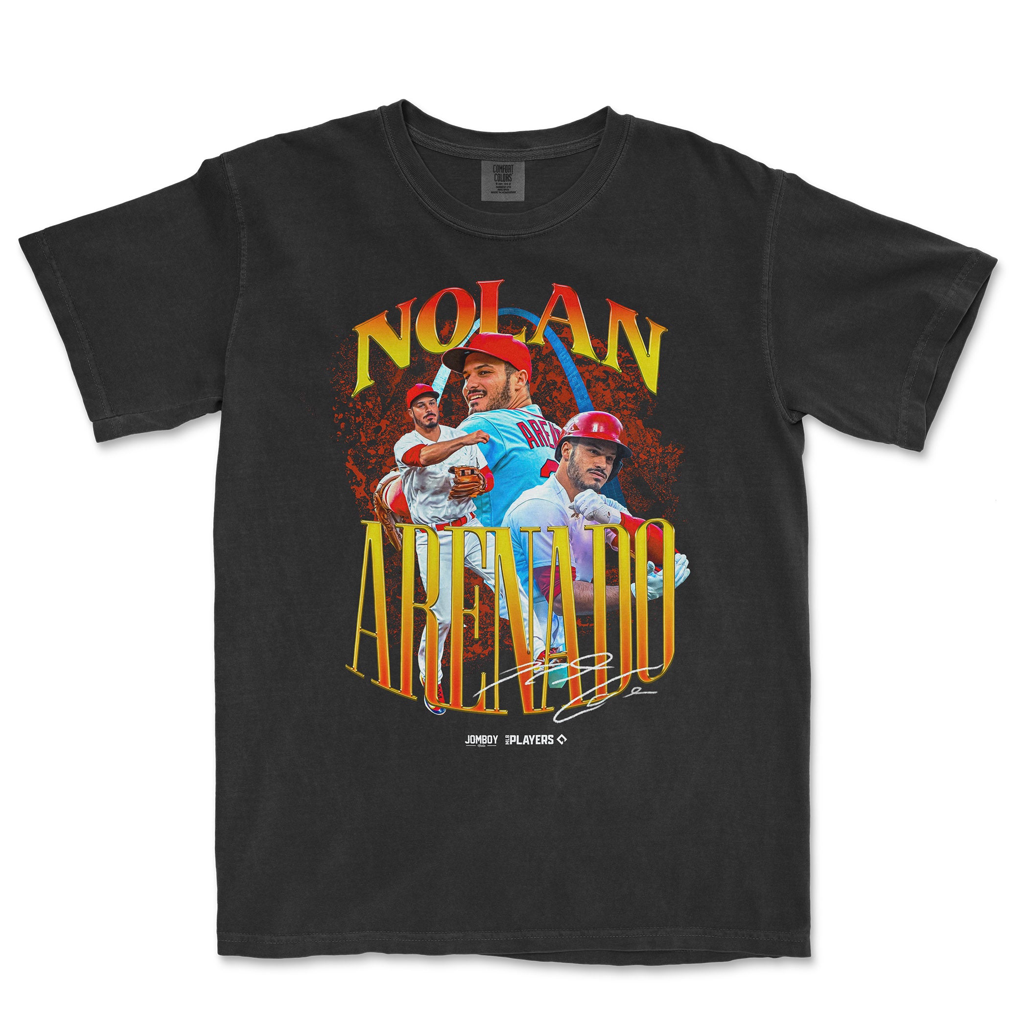 Black Comfort Colors tee featuring Nolan Arenado with colorful graphics and signature, celebrating his baseball career.