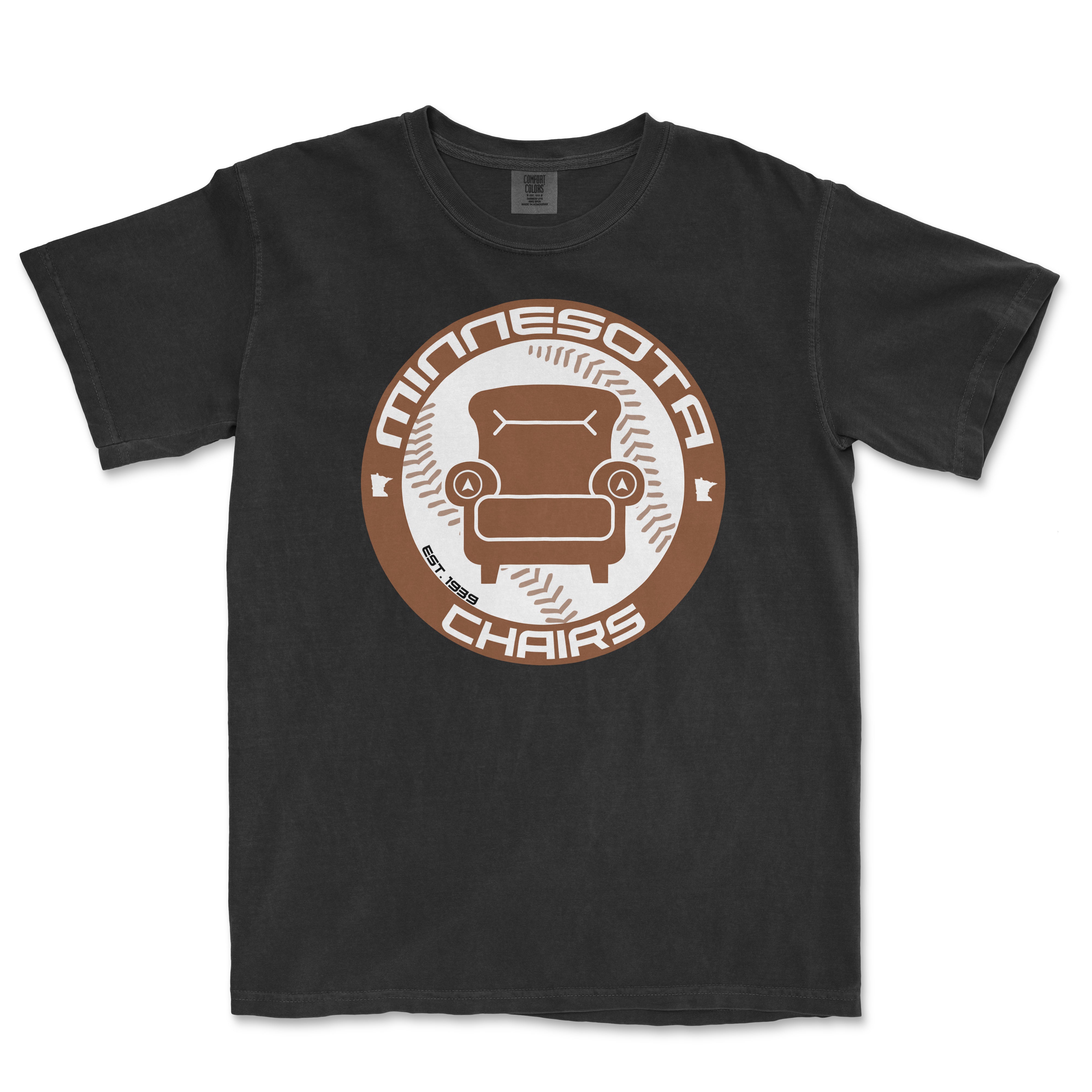Black Comfort Colors T-shirt featuring a circular graphic design with a chair, text "Minnesota Chairs," and "We Got Ice" in brown and white.