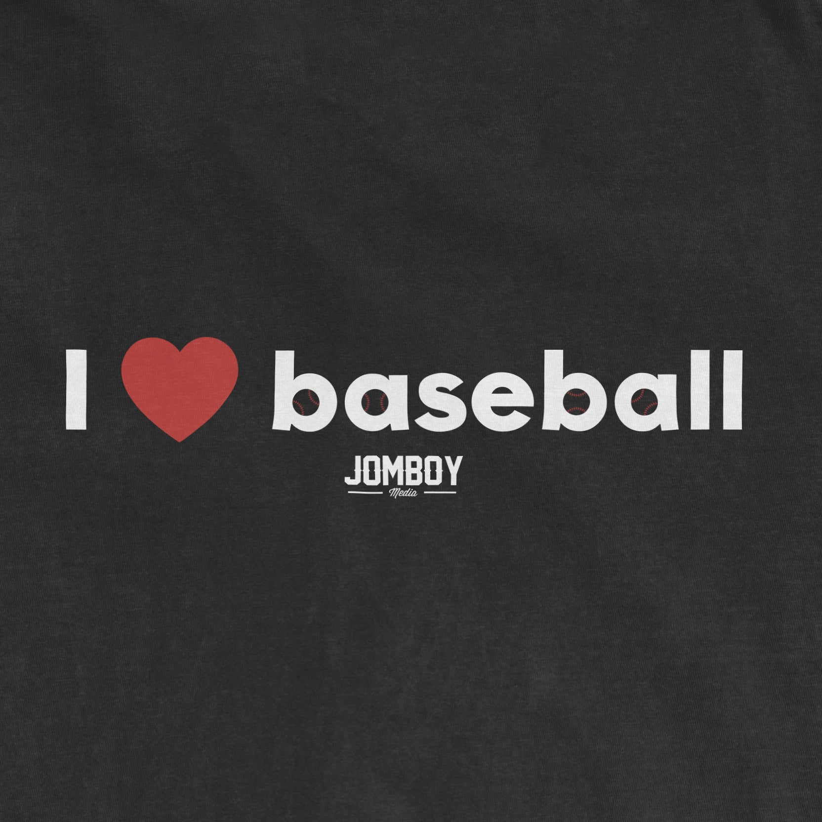 Black vintage T-shirt with white text reading "I ❤️ baseball" and a small "JOMBOY Media" logo below.