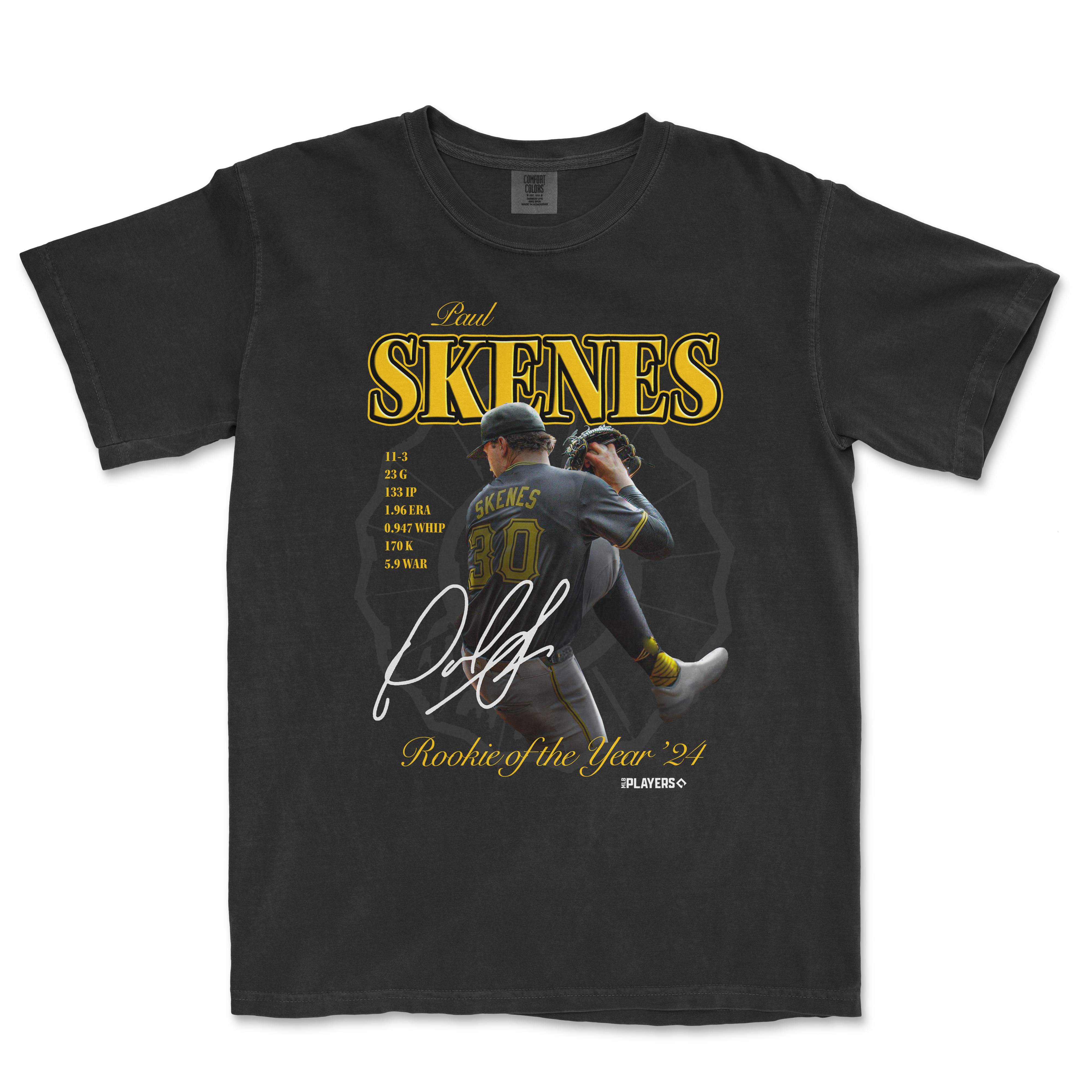 Black T-shirt featuring Paul Skene's 2024 Rookie of the Year design with a photo, stats, signature, and yellow and white text.