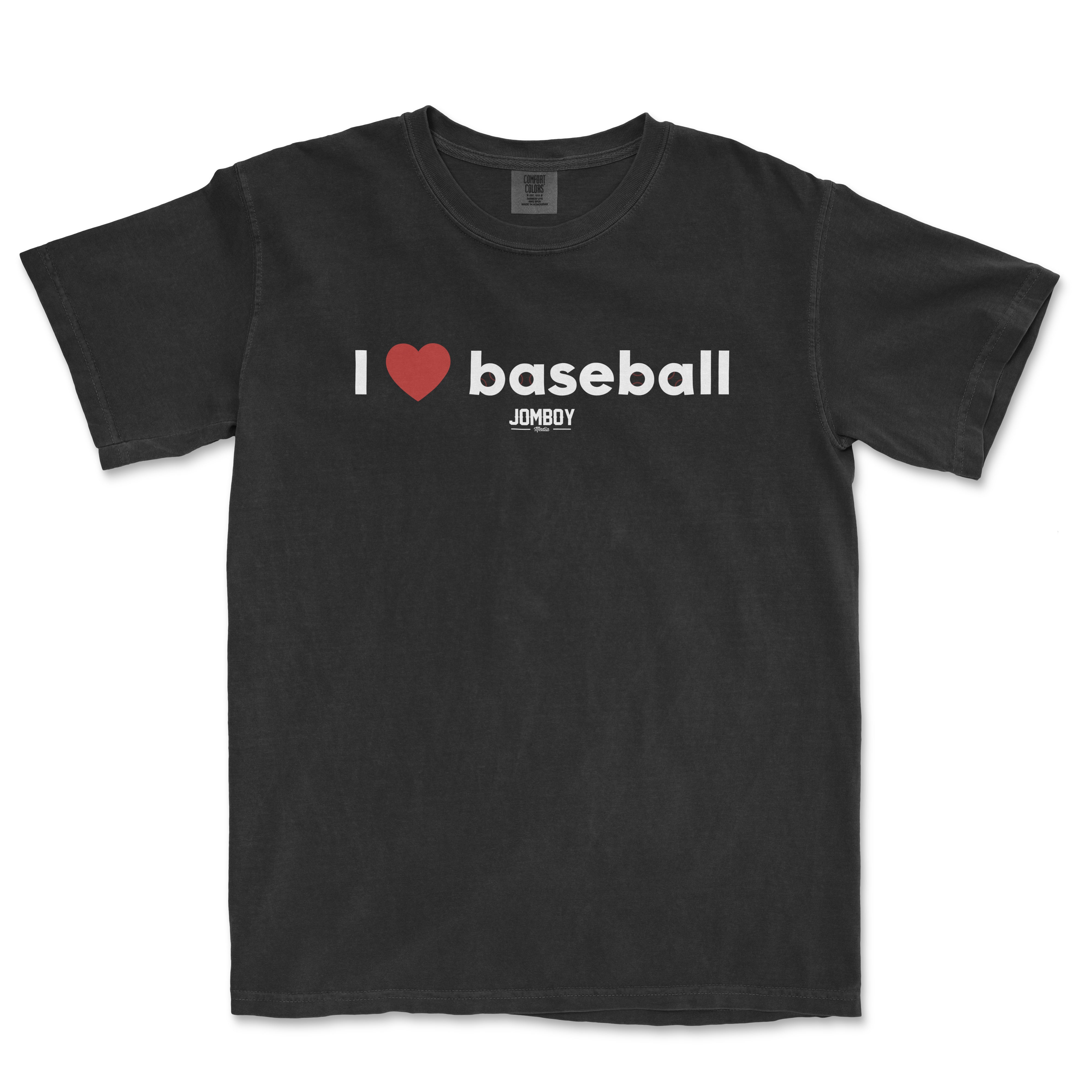 Black vintage Comfort Colors T-shirt with "I ❤️ baseball" text and a small Jomboy logo underneath.