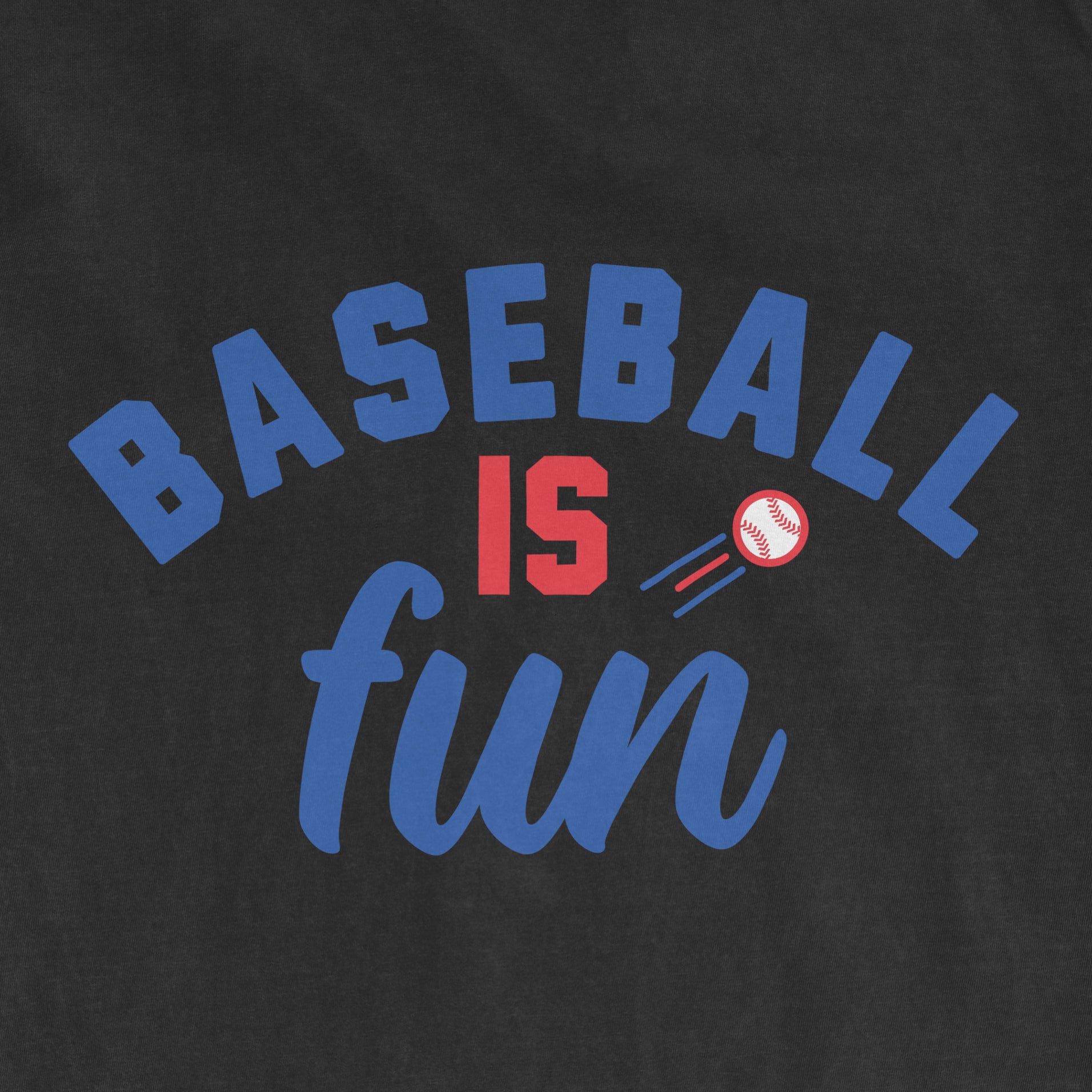 Black vintage tee with blue and red text reading "Baseball is fun" and a small baseball graphic with motion lines.