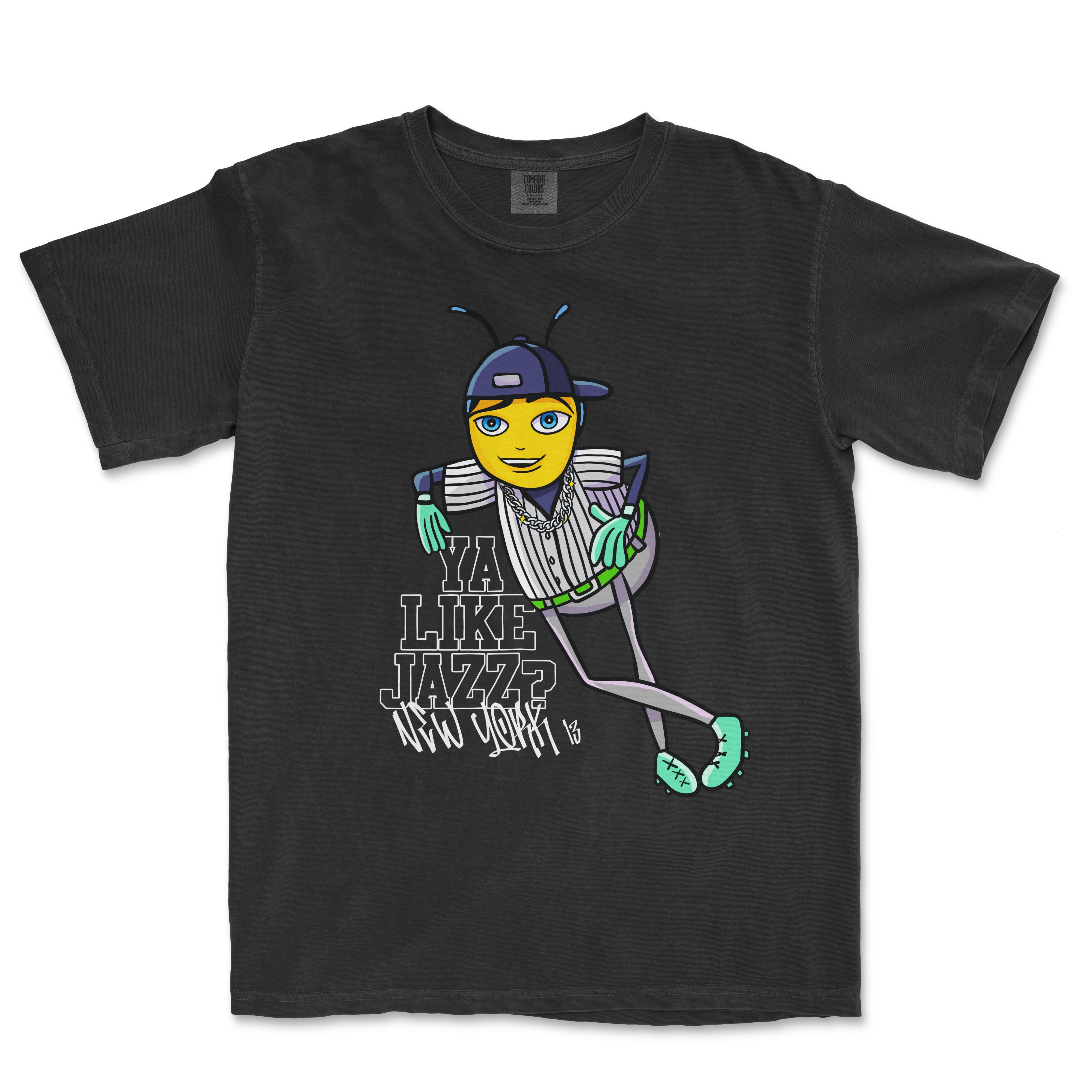 Black T-shirt featuring a cartoon bee dressed in hip-hop style, with text "YA LIKE JAZZ?" and "New York" graffiti.
