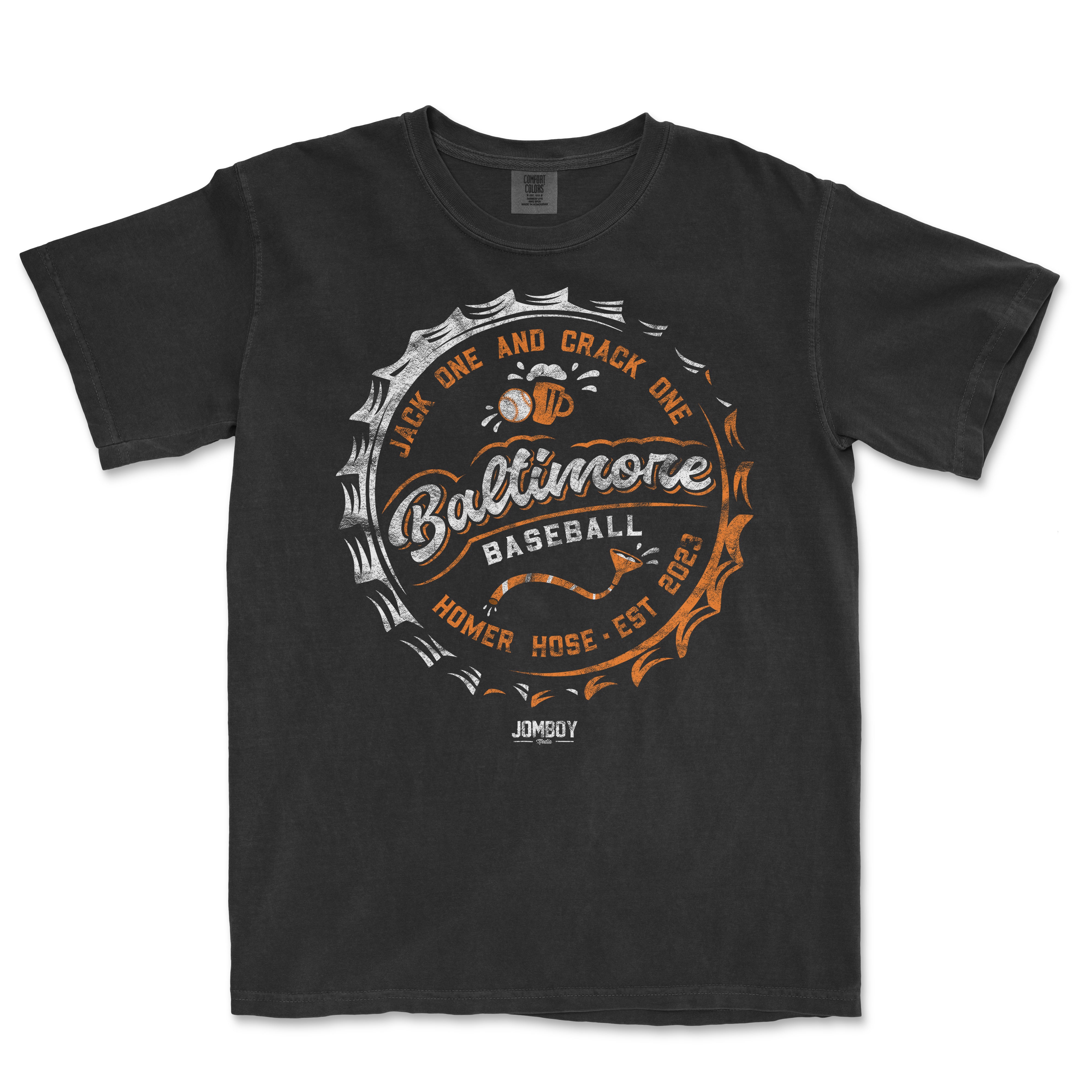 Black Comfort Colors T-shirt featuring Baltimore baseball-themed design with orange and white text and graphics.
