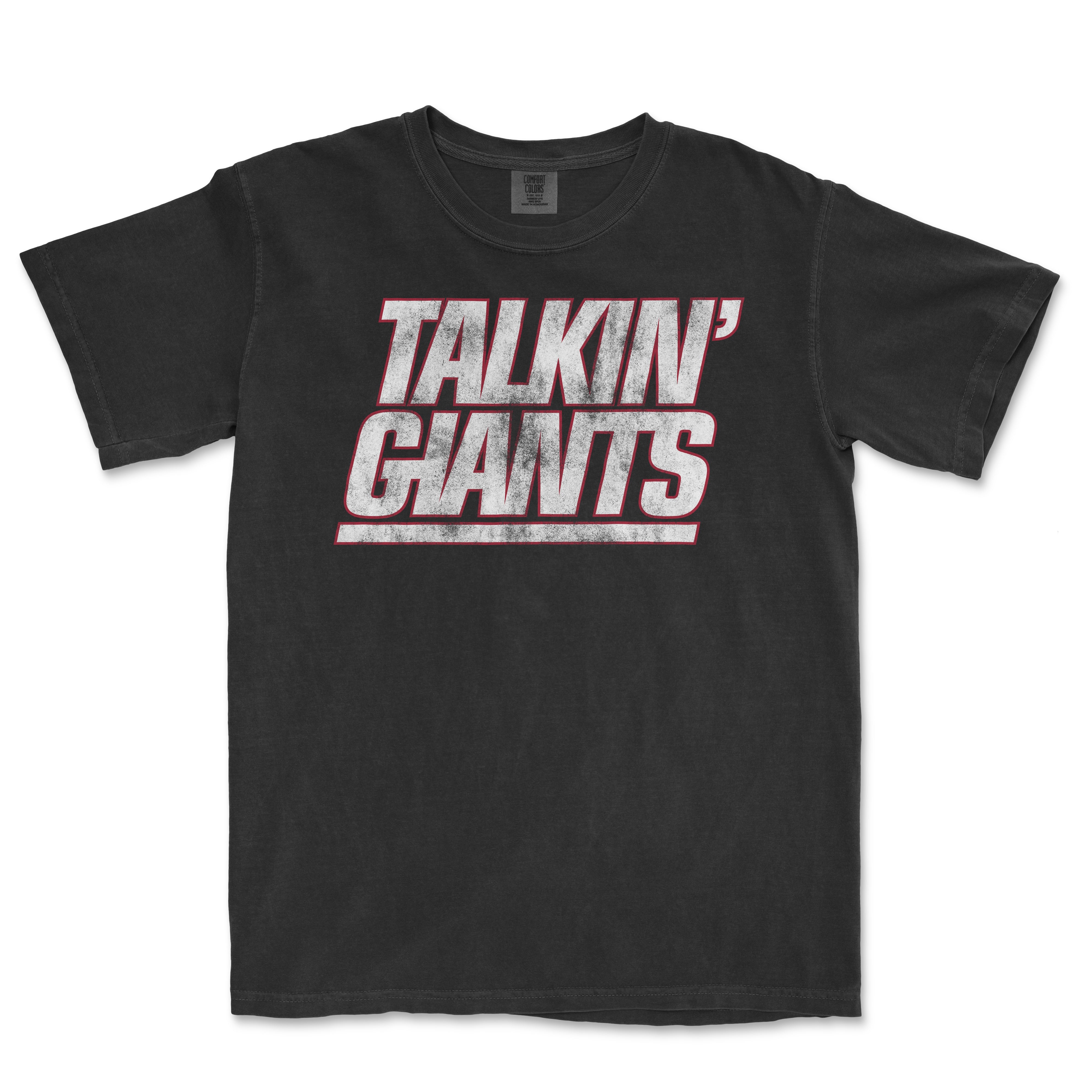 Black T-shirt with distressed "Talkin' Giants" text in bold, gray and red, featuring a vintage sports-inspired design.