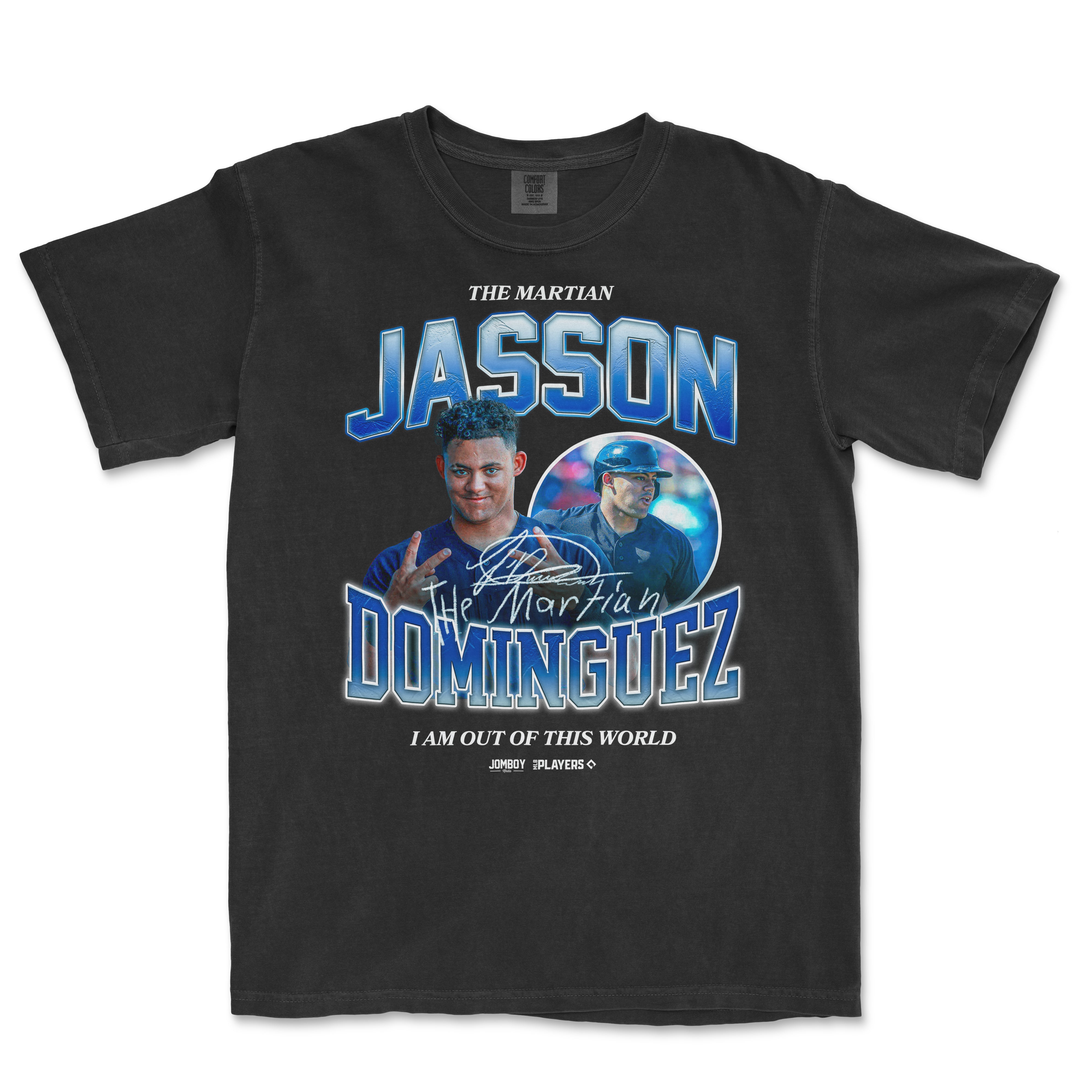 Black Comfort Colors tee featuring Jasson Dominguez's signature, images, and text celebrating his baseball career.