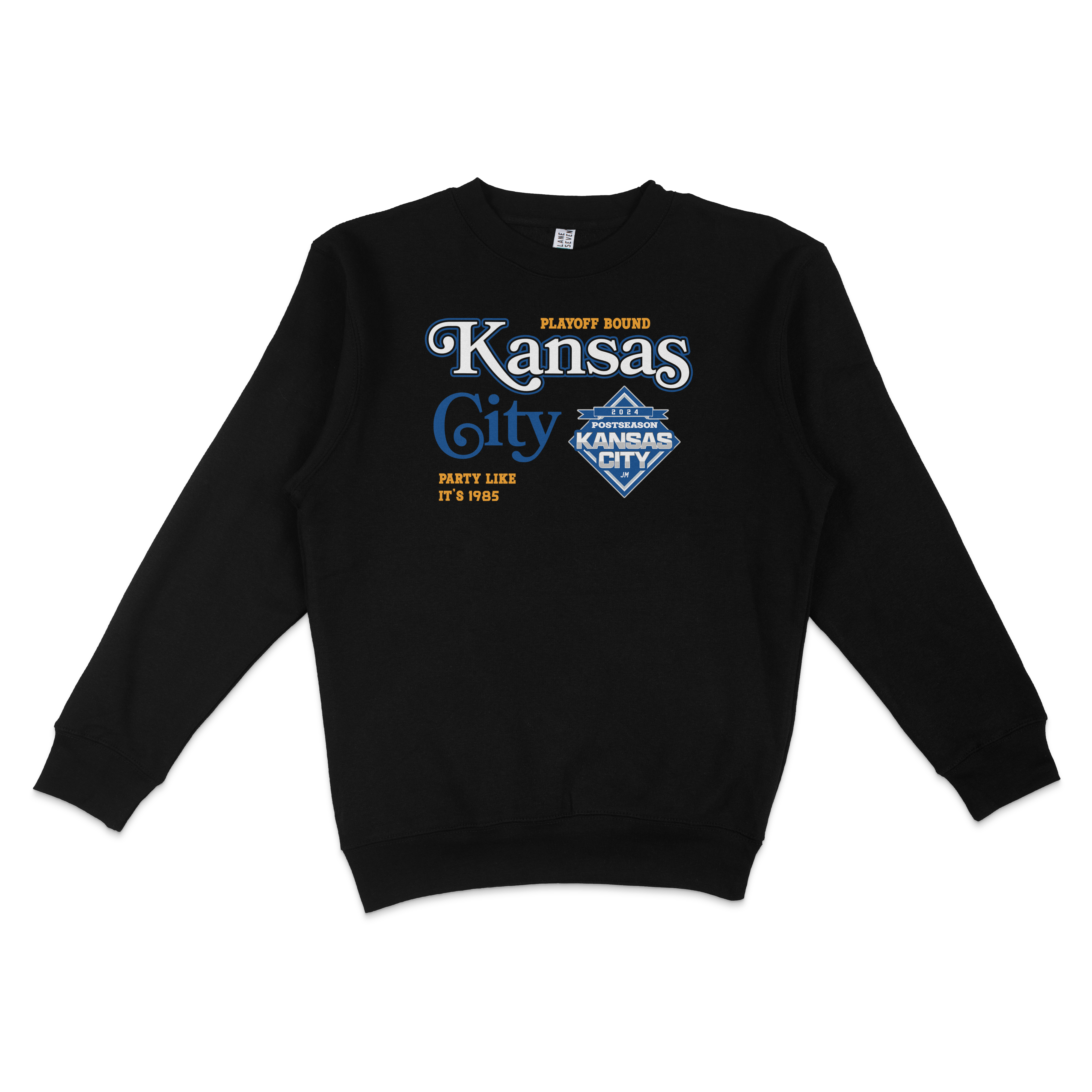 Black crewneck sweatshirt featuring Kansas City-themed graphics and text in blue, white, and orange, celebrating Kansas City.