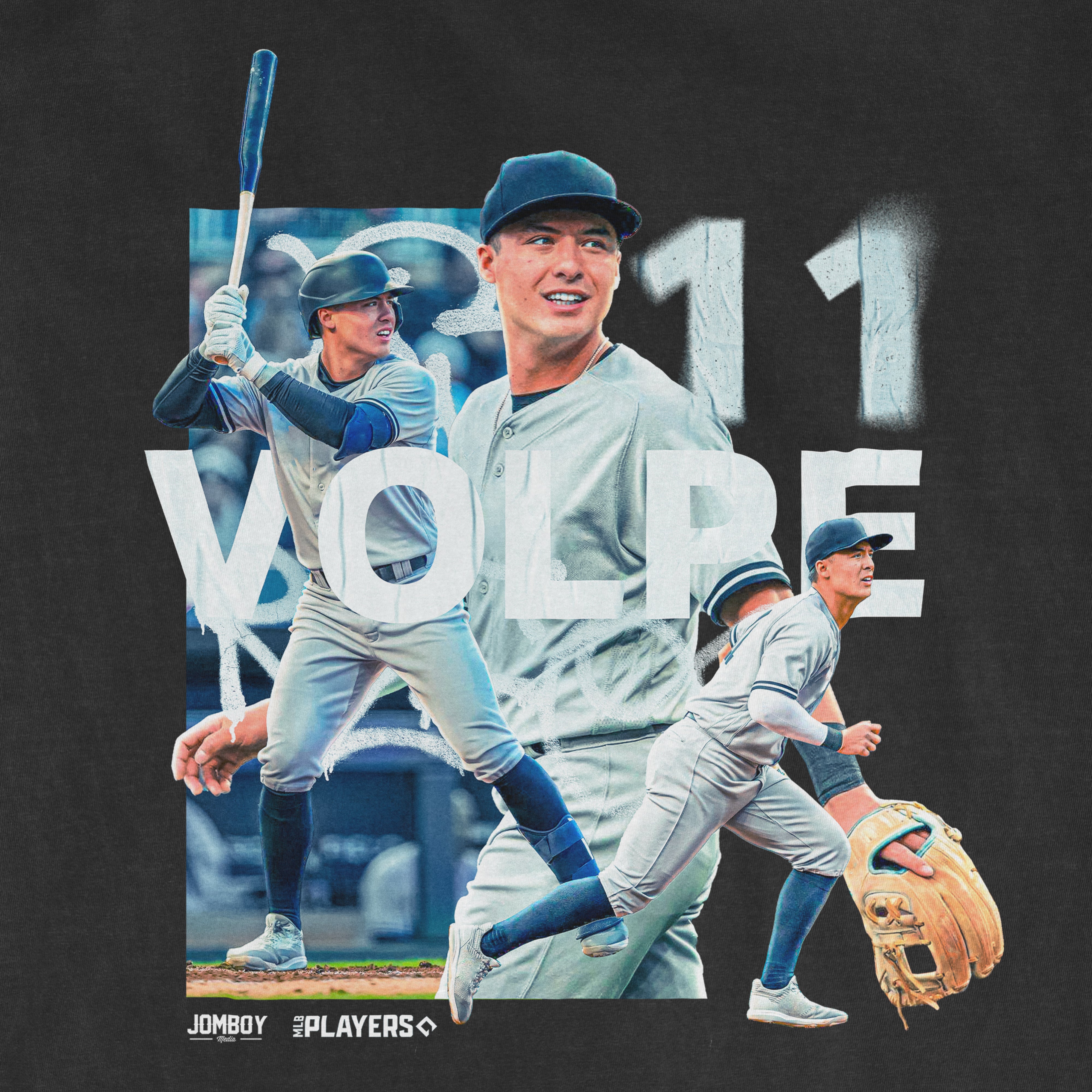 Anthony Volpe in a baseball uniform, with images of him batting, running, and smiling, on a black Comfort Colors T-shirt.
