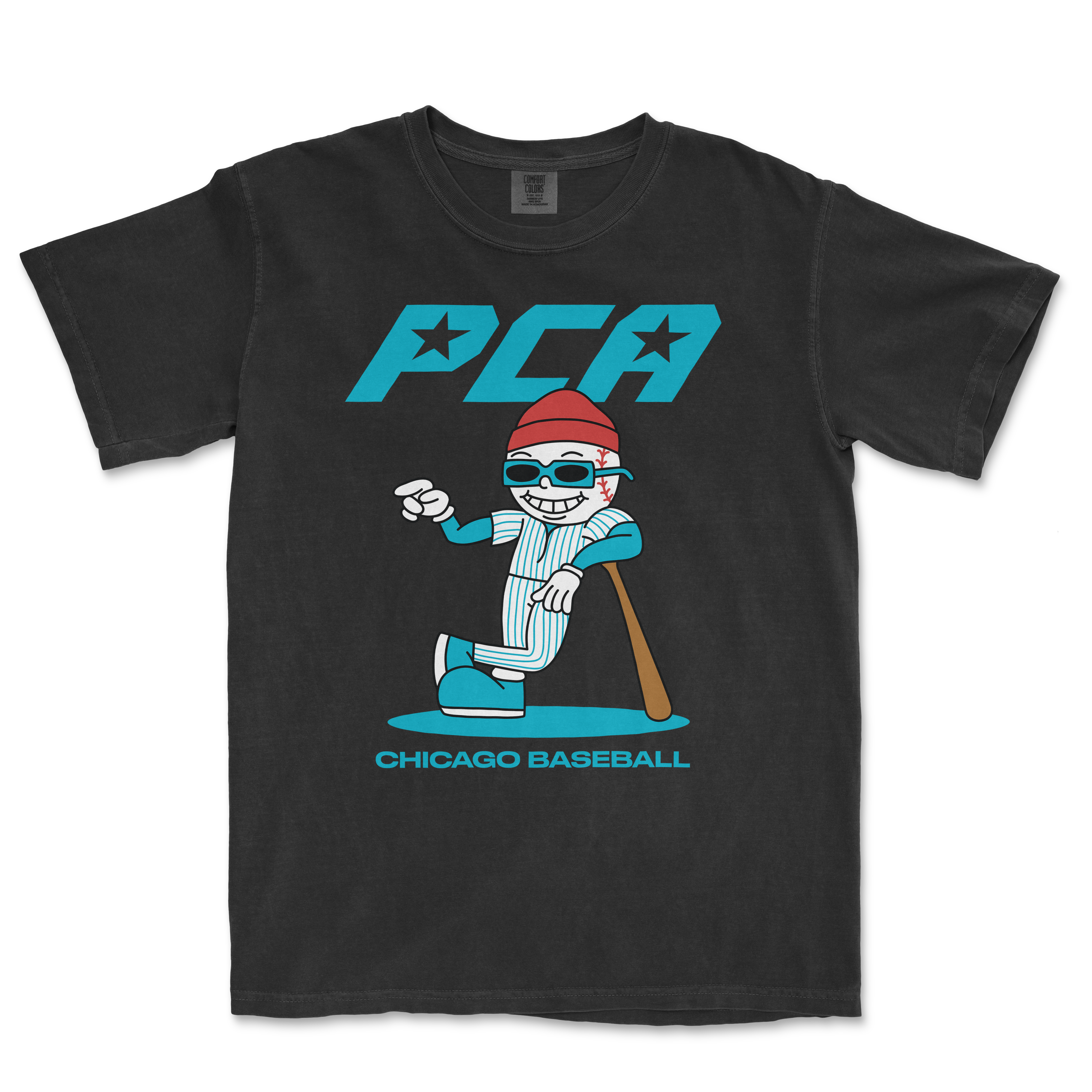 Pete Crow-Armstrong cartoon graphic t-shirt featuring a playful character in baseball attire, promoting Chicago baseball.