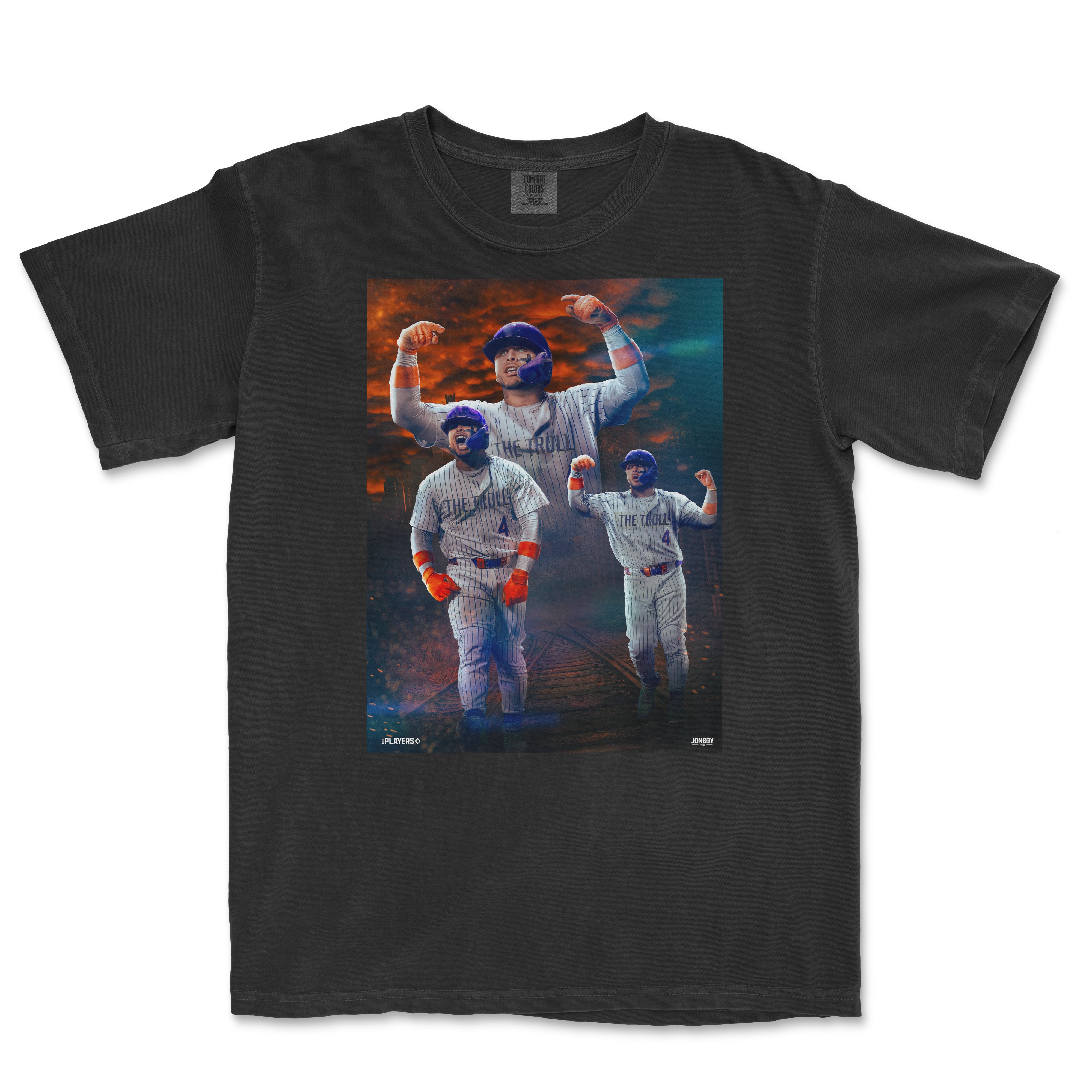 A black T-shirt featuring a vibrant graphic of three baseball players in pinstripes celebrating, with a dramatic sunset sky in the background.