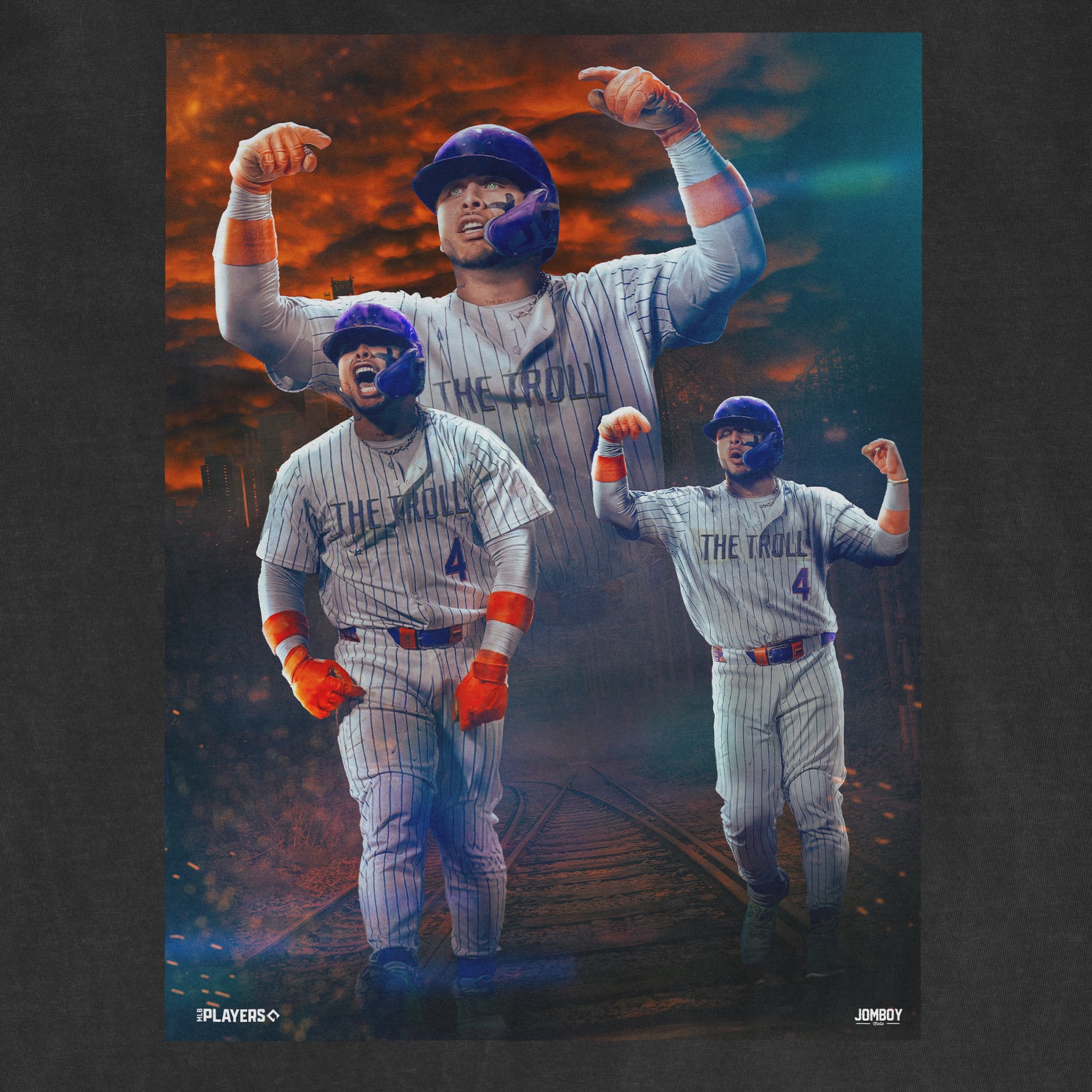 Three baseball players in striped uniforms with "THE TROLL" on shirts, posing confidently against a dark, fiery sky background.