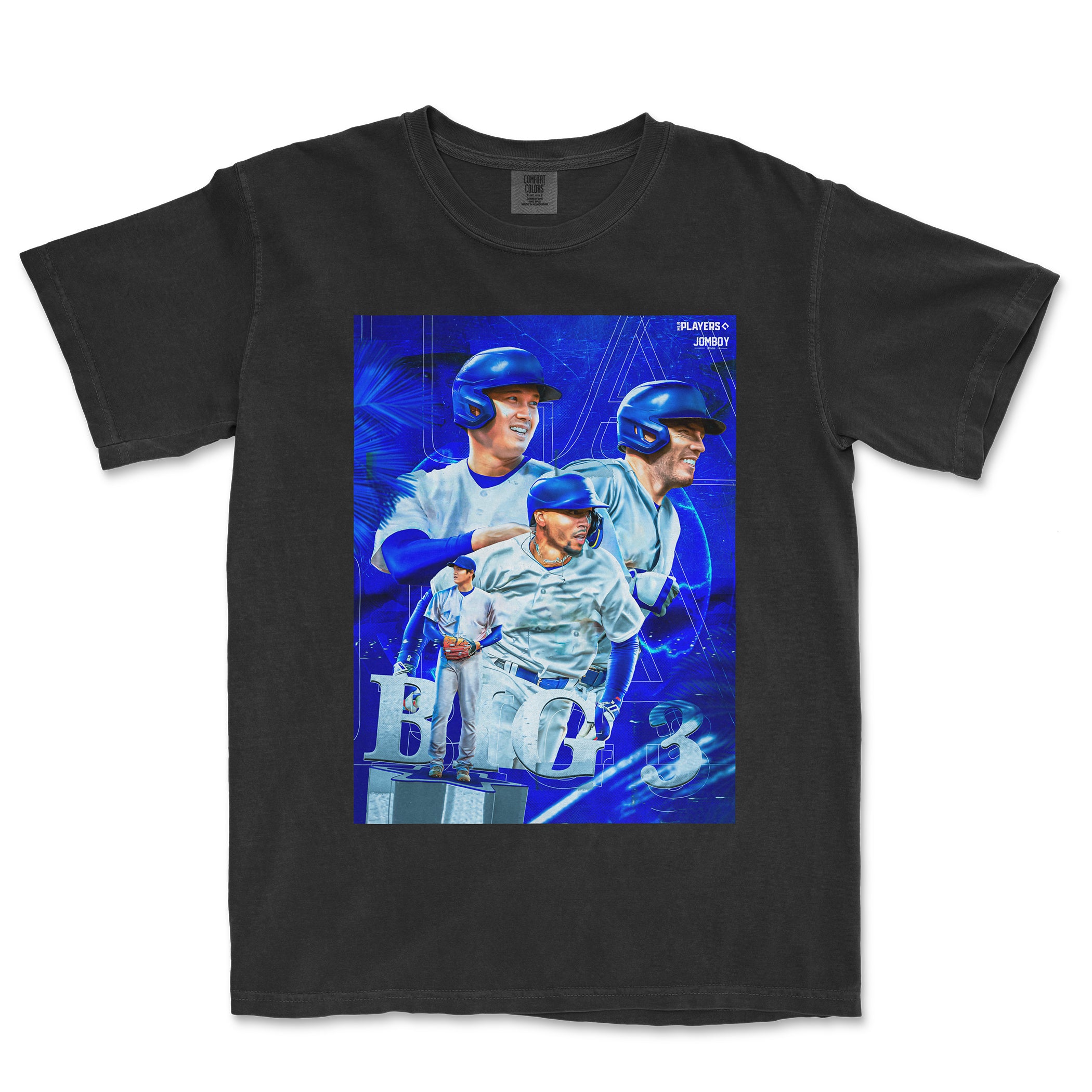 Black Comfort Colors T-shirt featuring a vibrant blue graphic of three baseball players, "LOS ANGELES BIG 3," with digital design elements.