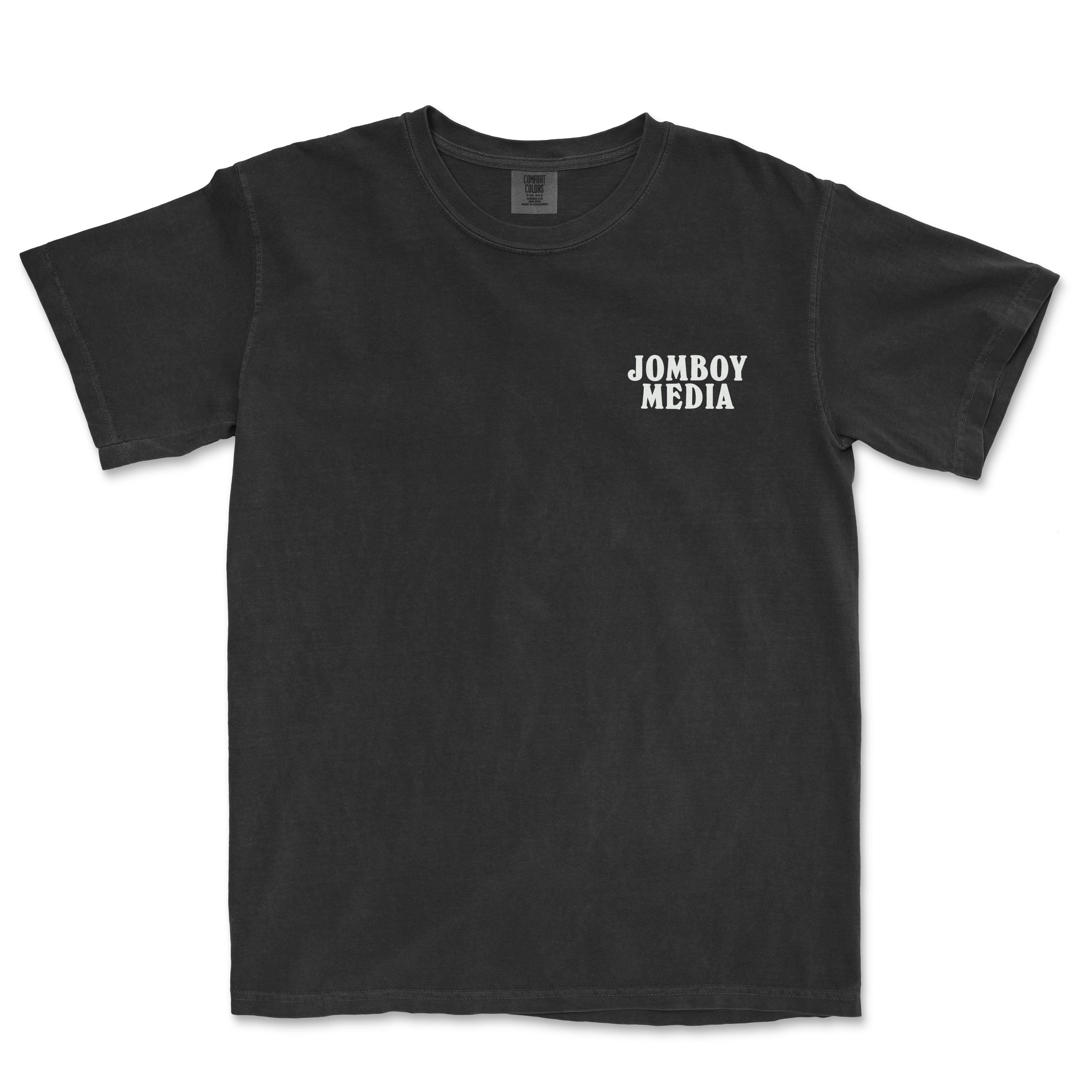 Black T-shirt with "JOMBOY MEDIA" logo printed in white on the front left chest area.