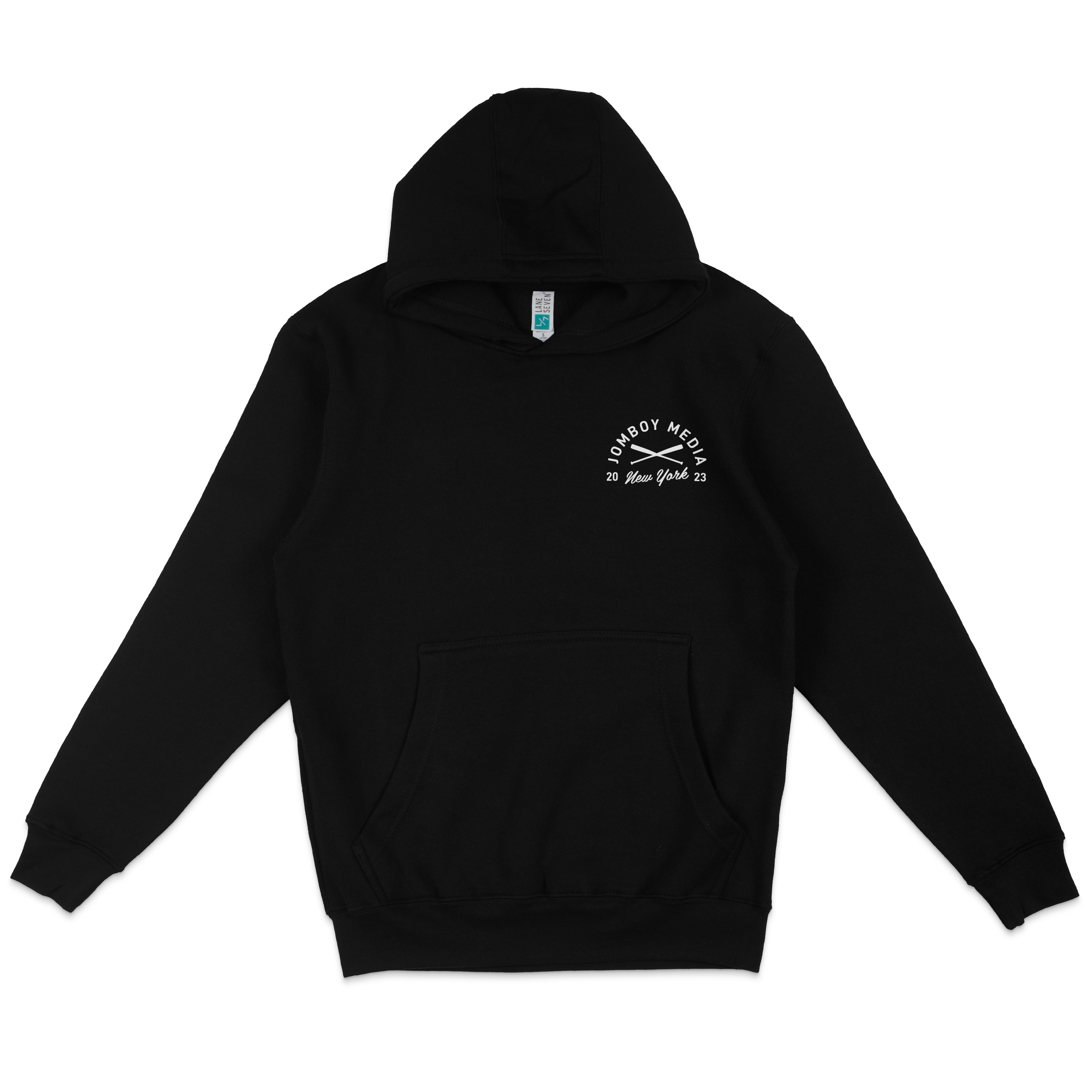 Black hoodie featuring a white "JM Coat Of Arms" logo with "Omboy Media," "New York," and "2023" text and crossed lines on the chest.