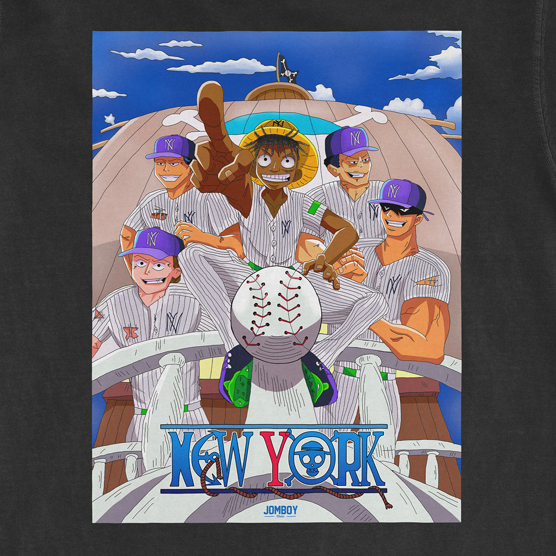 Colorful Comfort Colors T-shirt featuring animated characters from One Piece on a baseball-themed design with "New York" text.