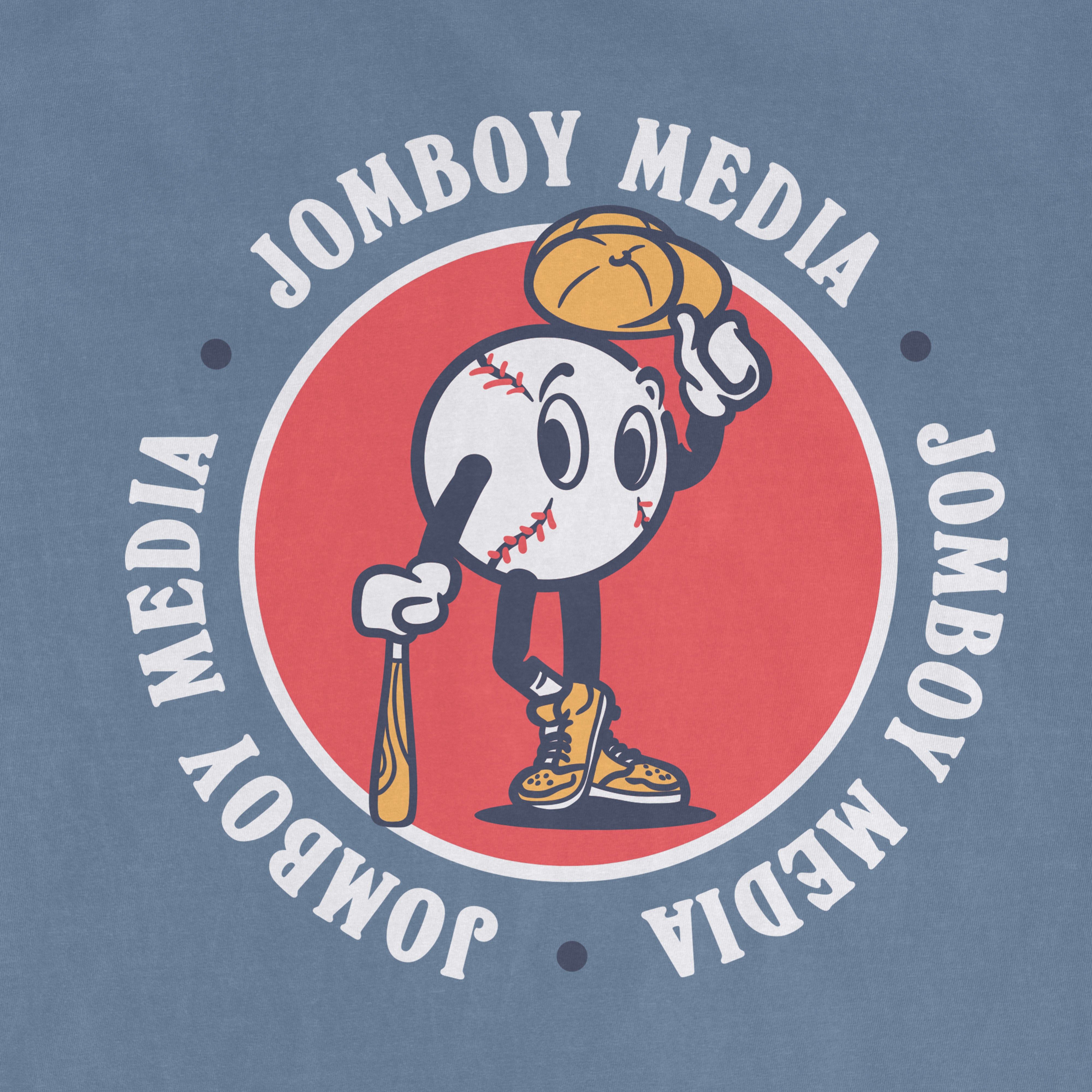 A cartoon baseball mascot with a bat, wearing sneakers and a glove, surrounded by the text "Jomboy Media" and "Media Jomboy.