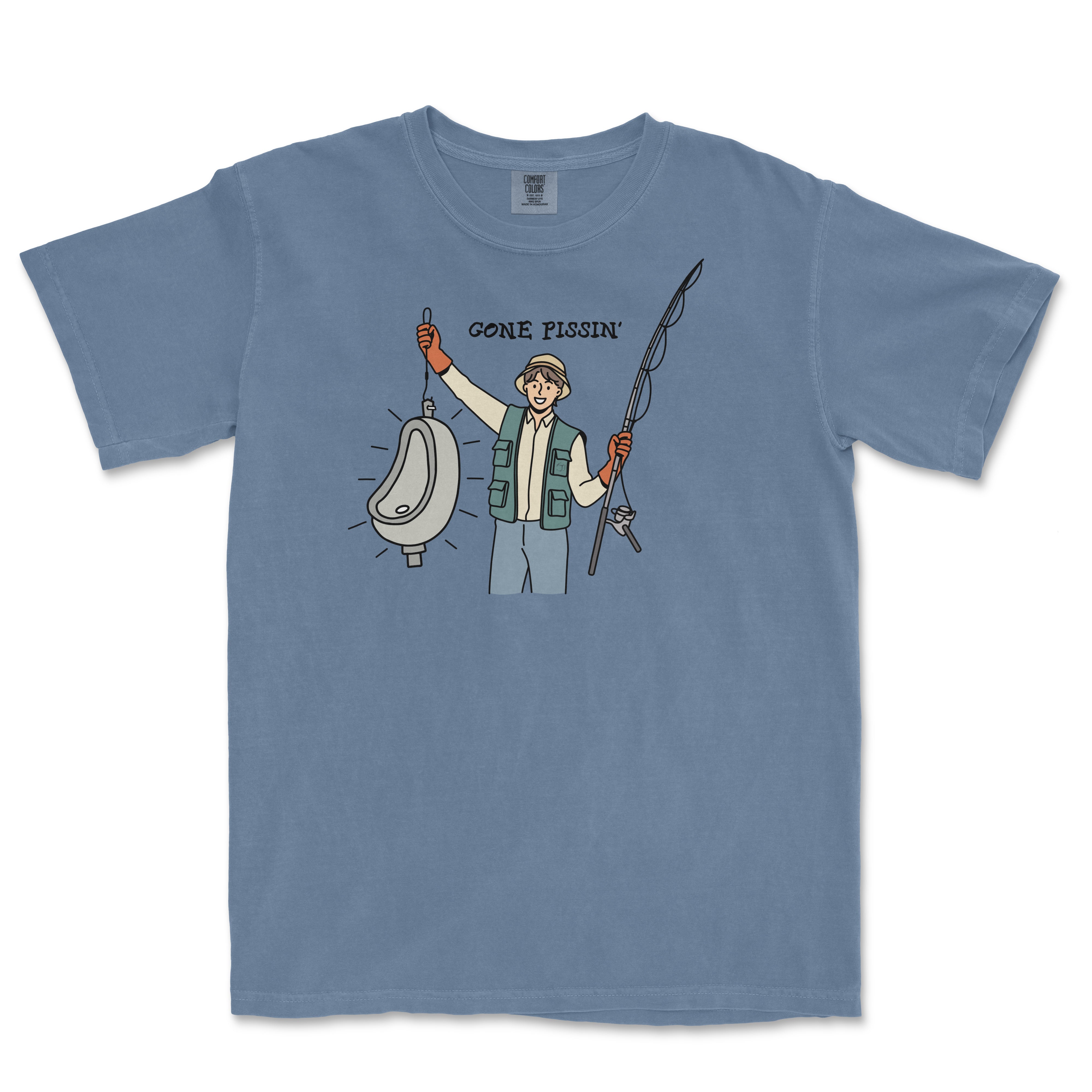 Illustration of a person holding a fishing rod and a portable urinal, with the text "GONE PISSIN'" above, on a blue T-shirt.