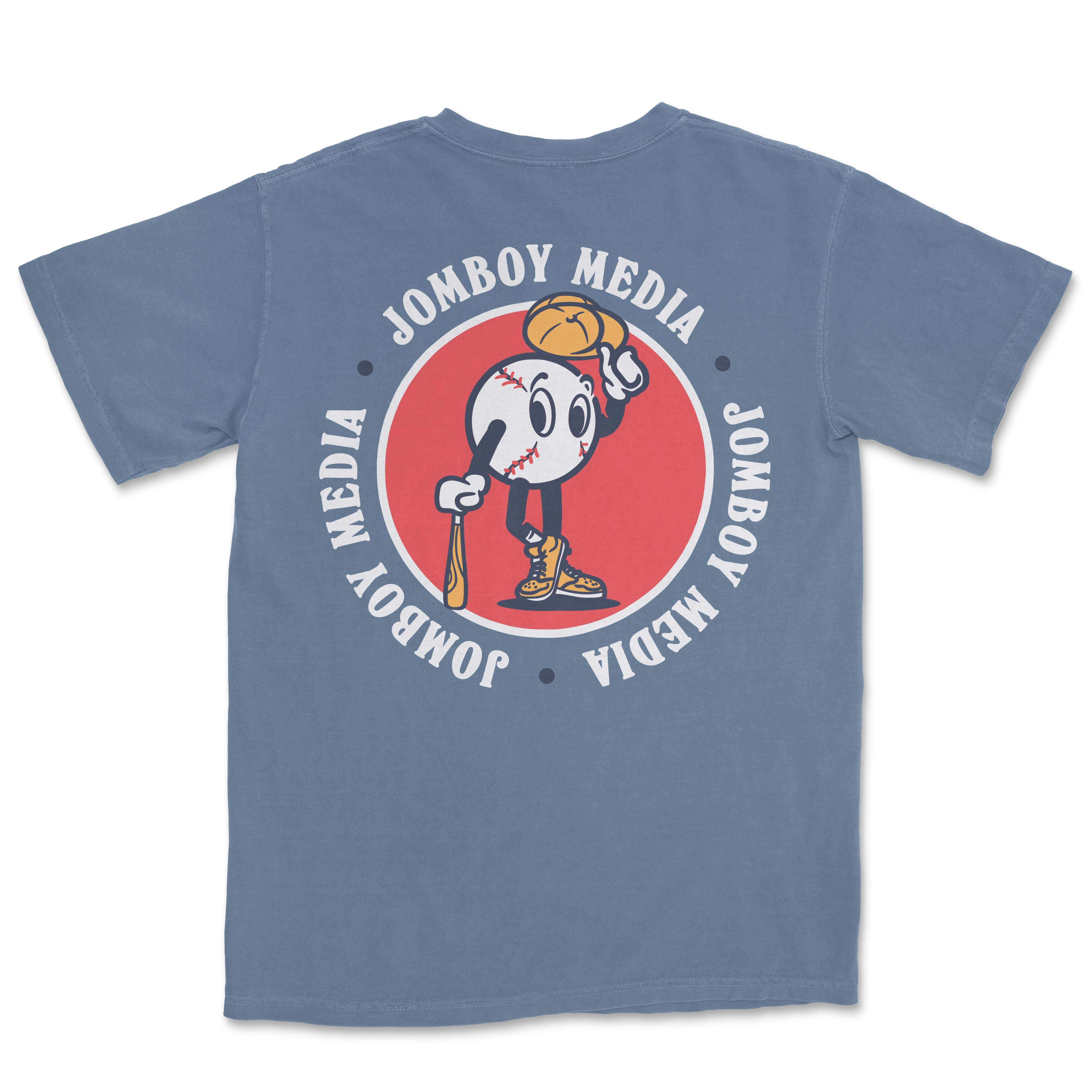 Back of blue T-shirt featuring JomBall mascot with a baseball, holding a bat and glove, surrounded by "JOMBOY MEDIA" text in a circular pattern.
