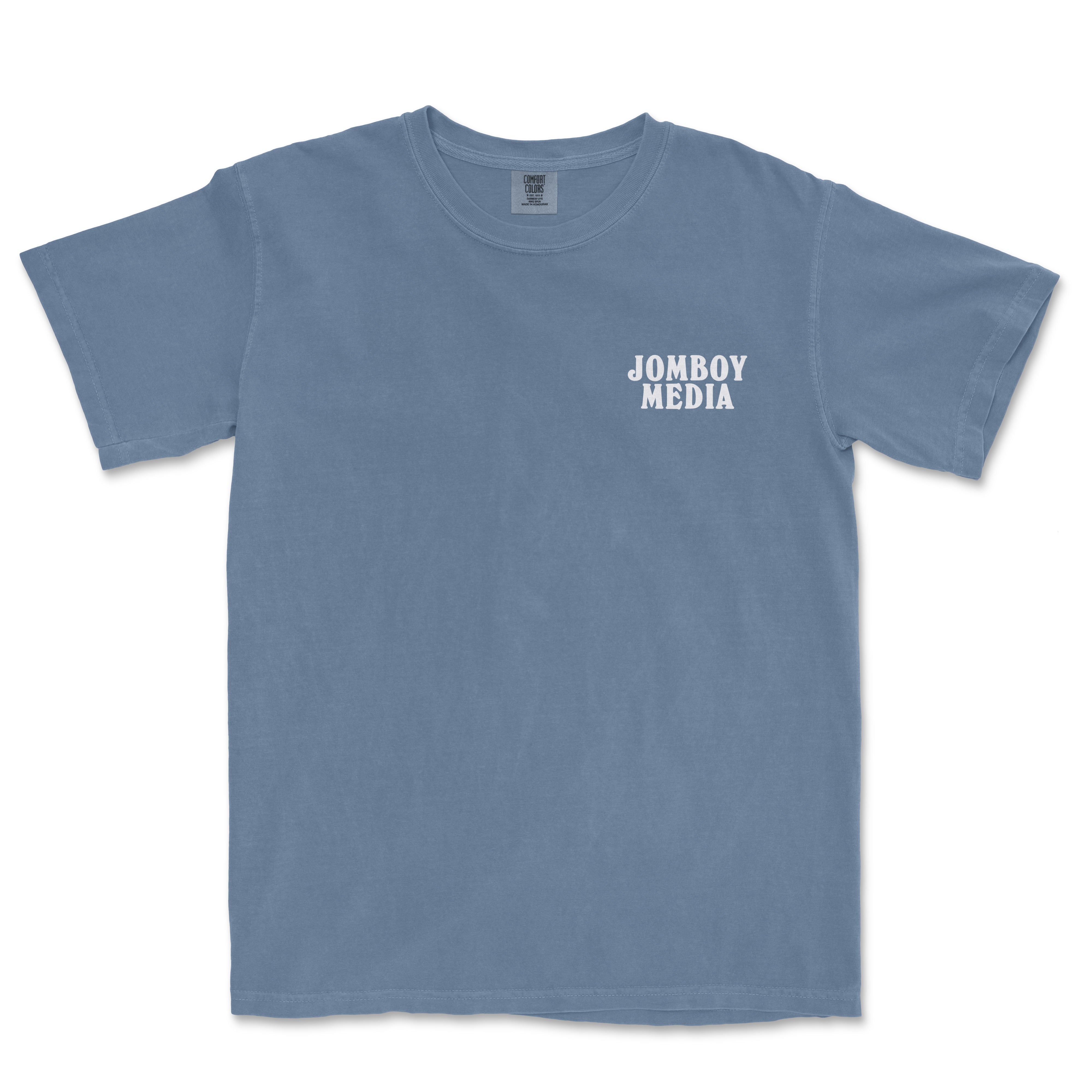 A blue T-shirt with "JOMBOY MEDIA" printed in white text on the front left chest area.