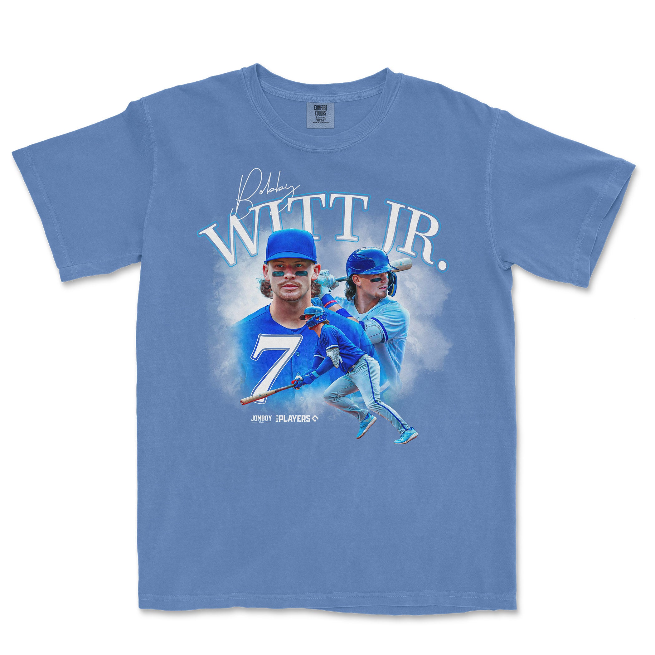 Blue Comfort Colors T-shirt featuring Bobby Witt Jr. baseball images, signature, and team graphics in a signature series design.
