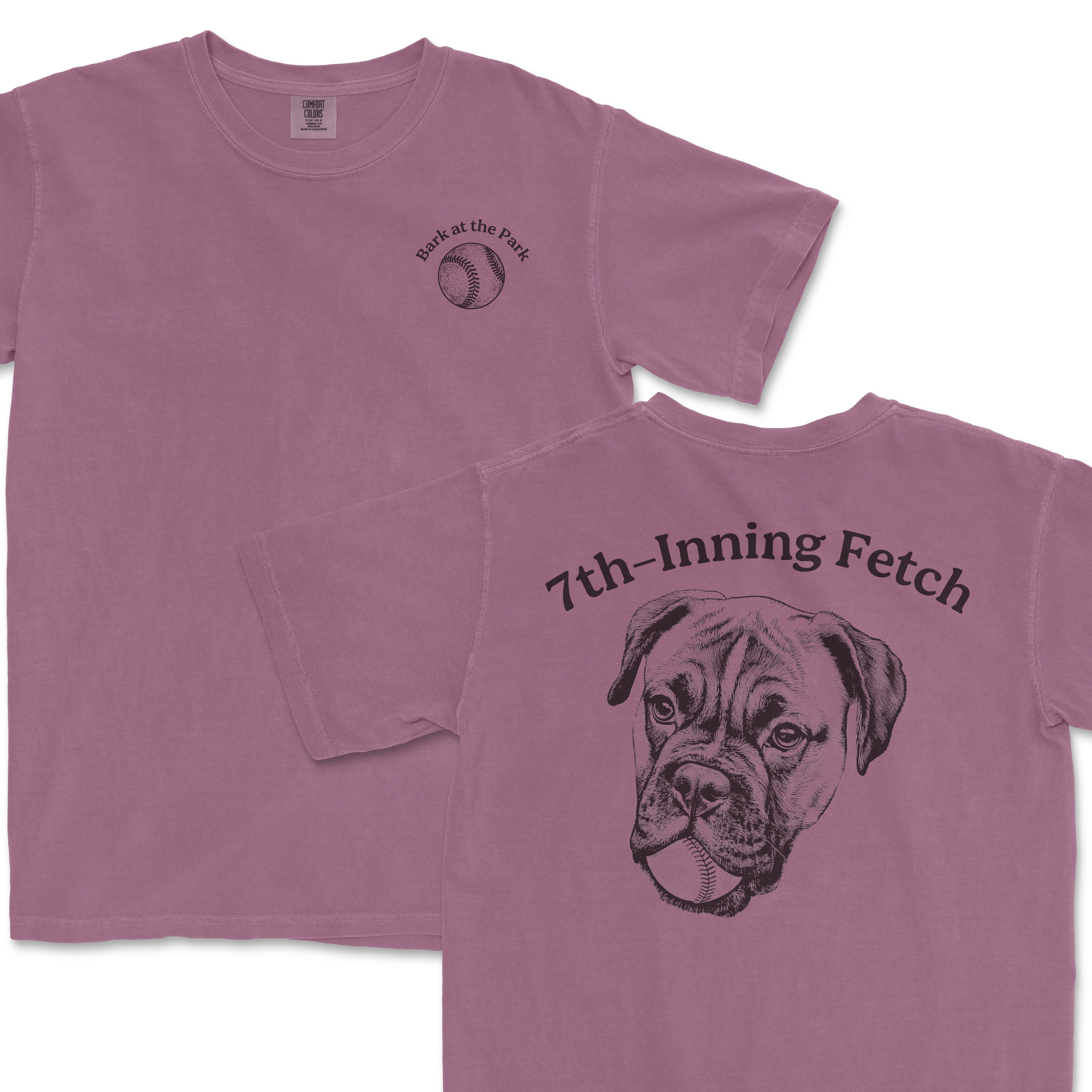 Pink Comfort Colors T-shirt featuring a "7th-Inning Fetch" baseball-themed design with a dog's face and a baseball on the back.