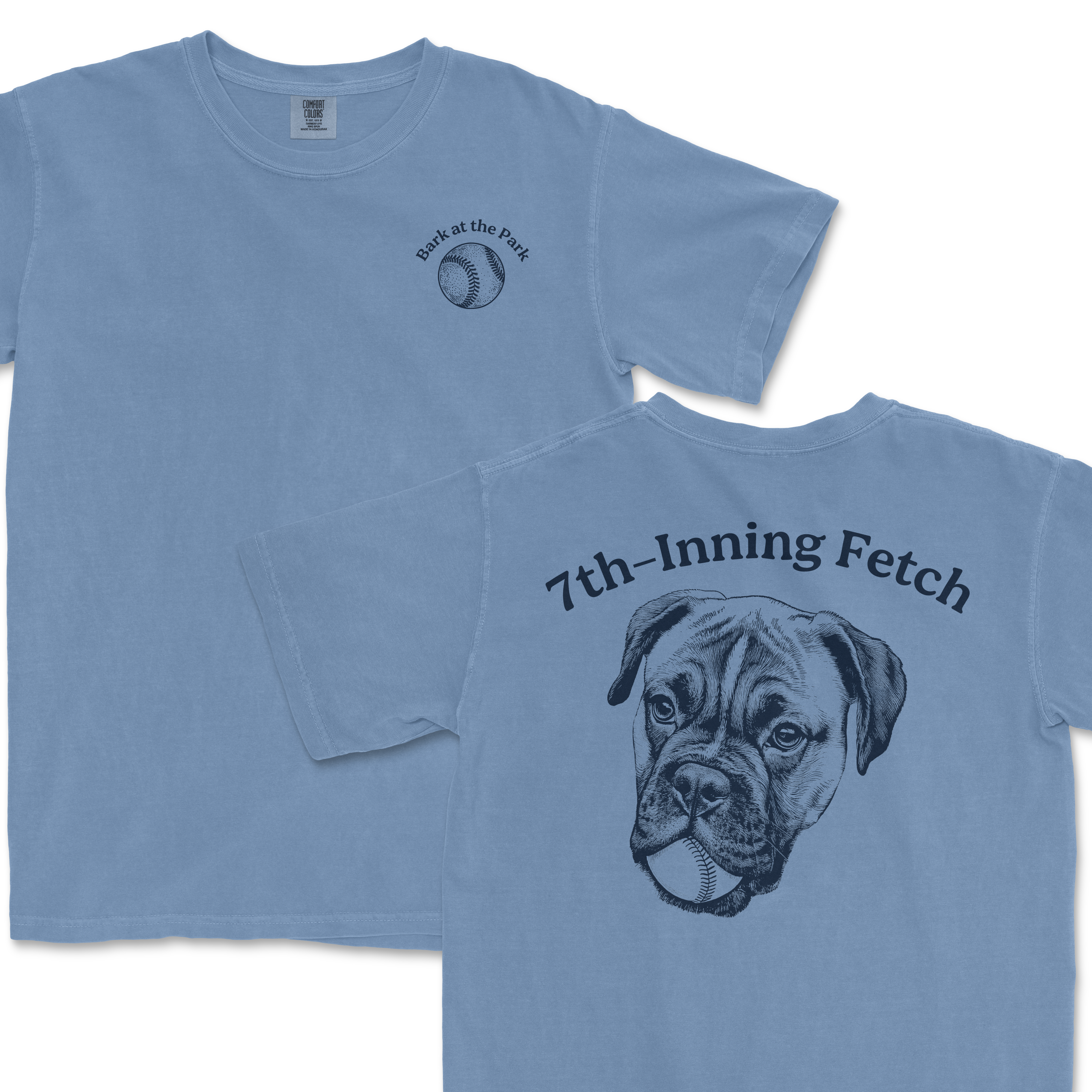 Light blue Comfort Colors T-shirt featuring a "Bark at the Park" baseball graphic on the front and a large "7th-Inning Fetch" dog with a baseball on the back.