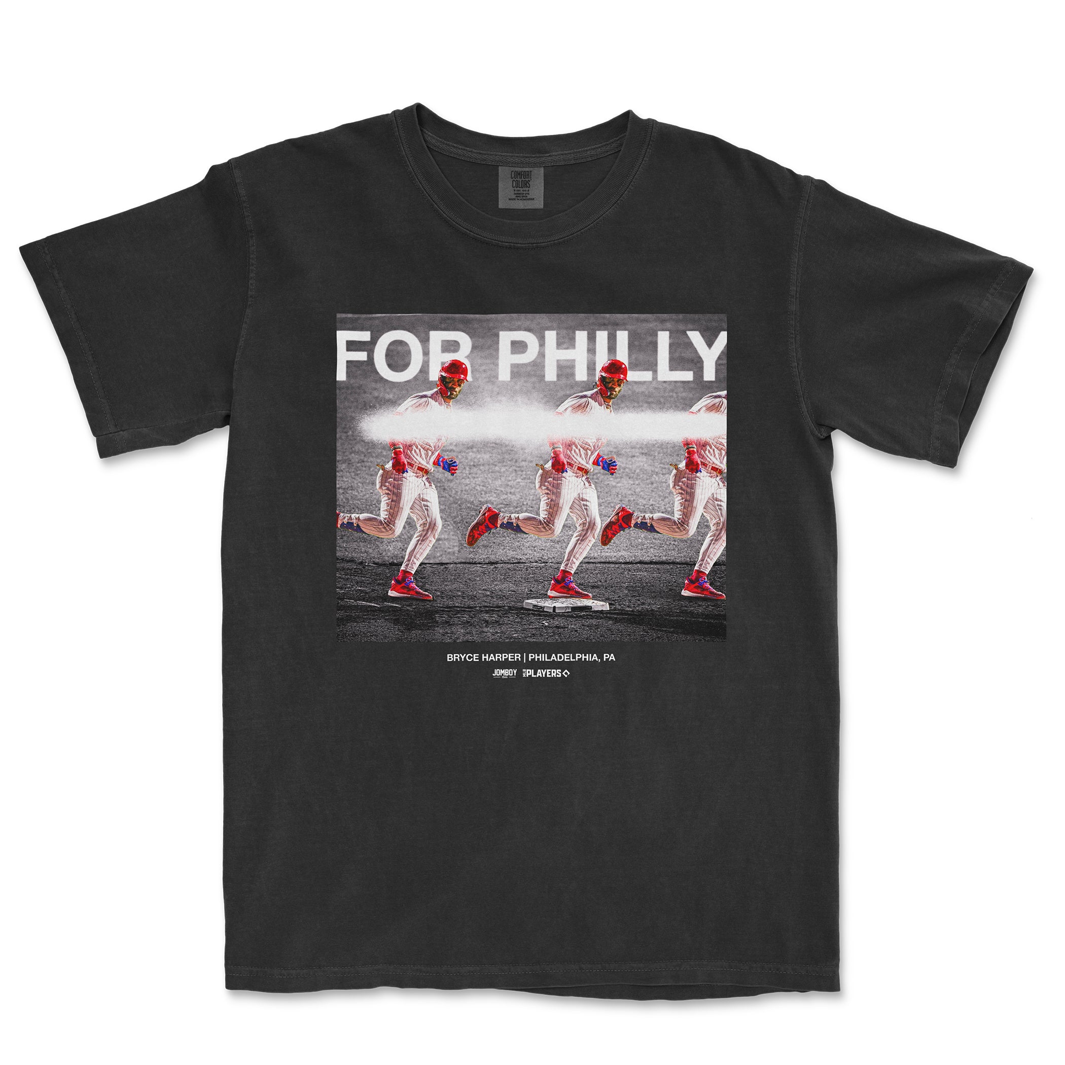 Black Comfort Colors T-shirt featuring a graphic of Bryce Harper running, with "For Philly" text and additional details below.