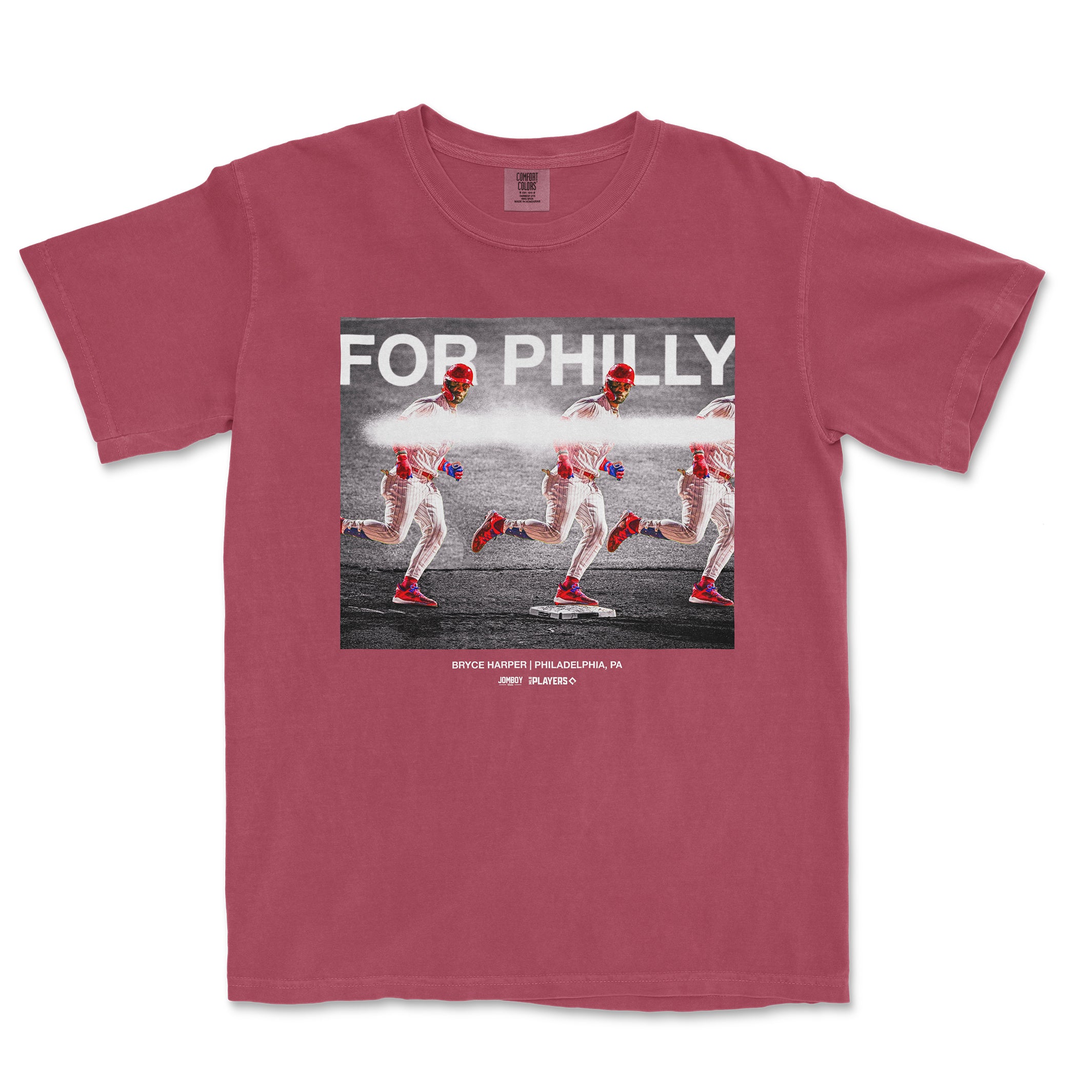Pink Comfort Colors T-shirt featuring a graphic of Bryce Harper running, with "For Philly" text and team details below.