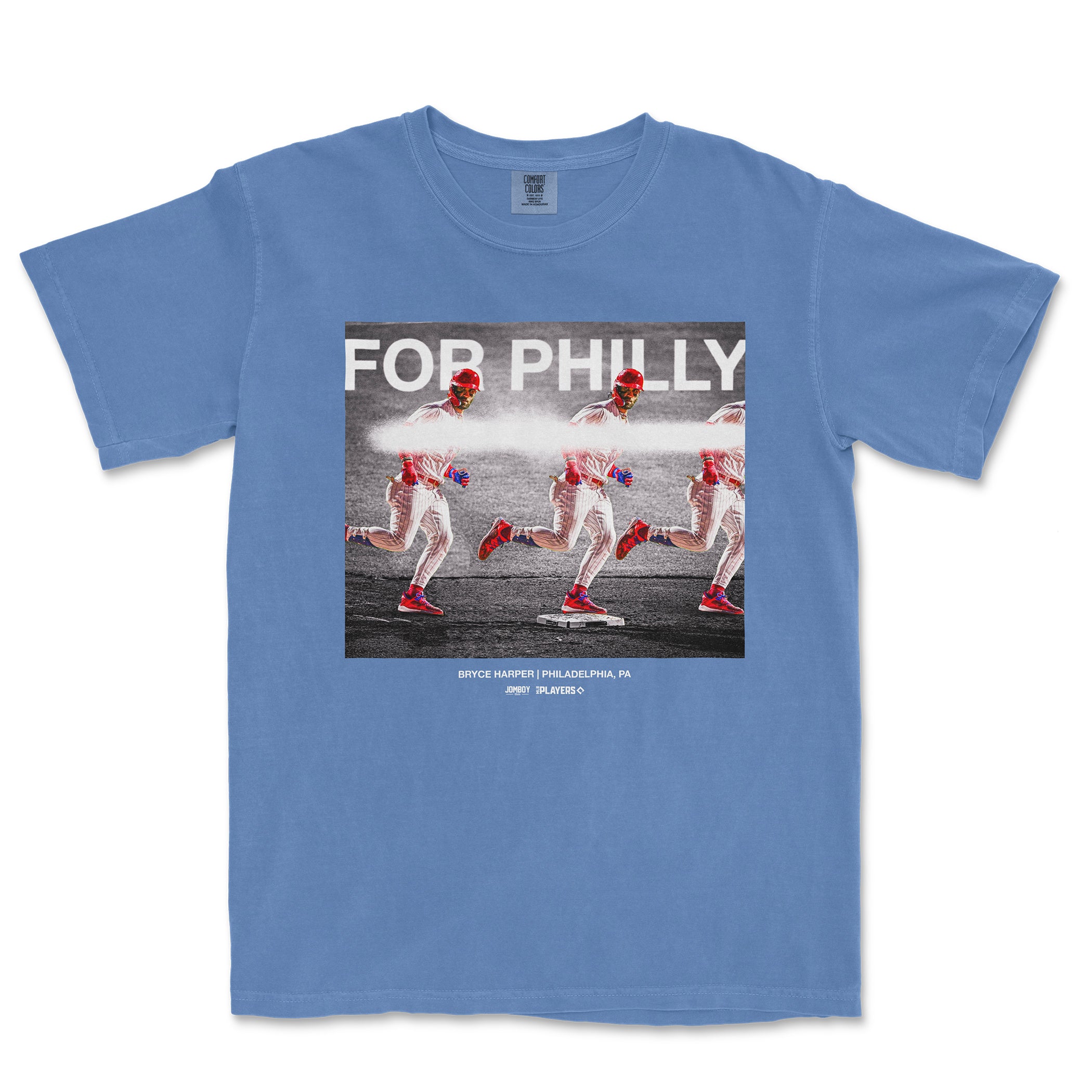 Blue Comfort Colors T-shirt featuring a graphic of Bryce Harper running, with "For Philly" text and details about the player.