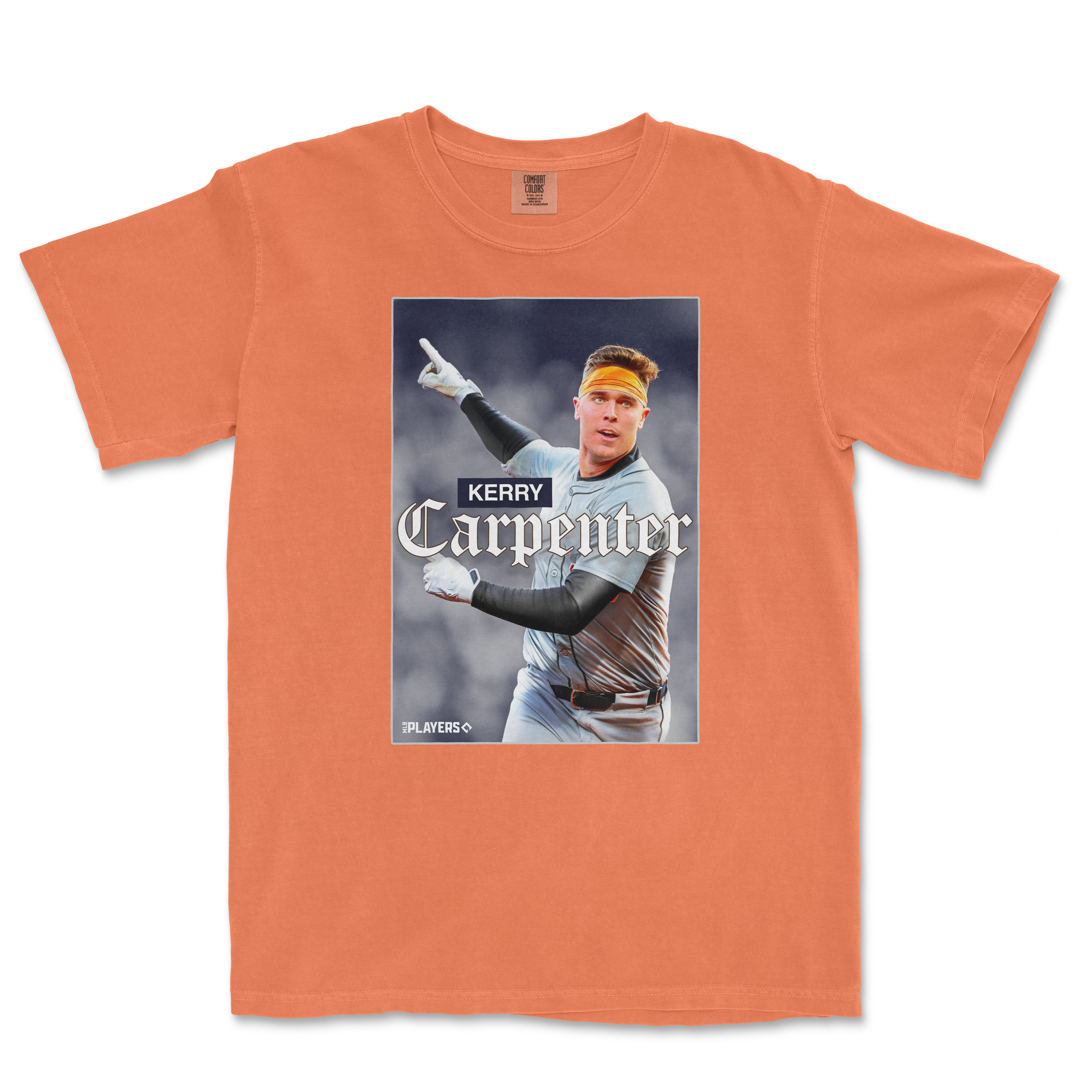 Comfort Colors tee featuring a graphic of Kerry Carpenter in a baseball uniform, pointing, with "Kerry Carpenter" text.