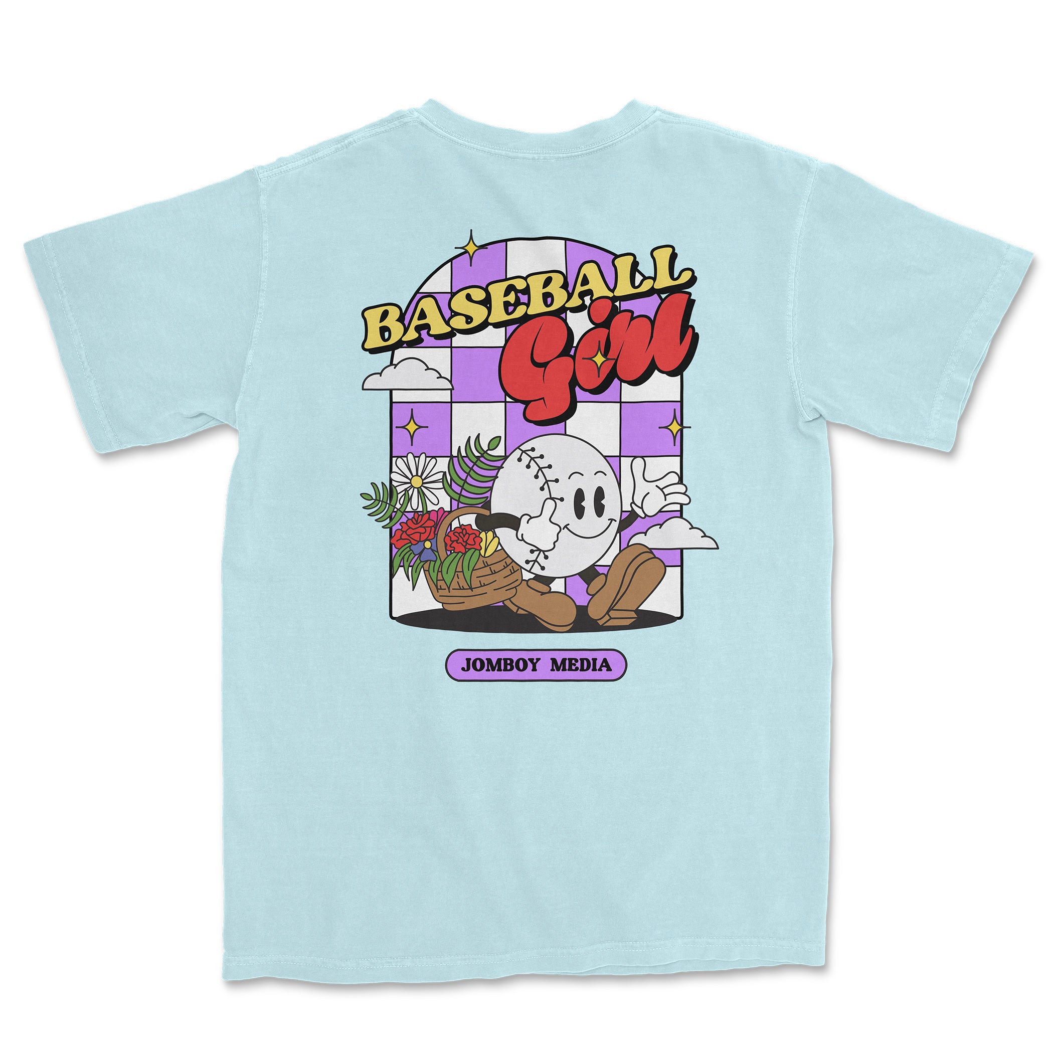 Comfort Colors tee featuring a colorful baseball girl graphic, flowers, clouds, and "Baseball Girl" text design.