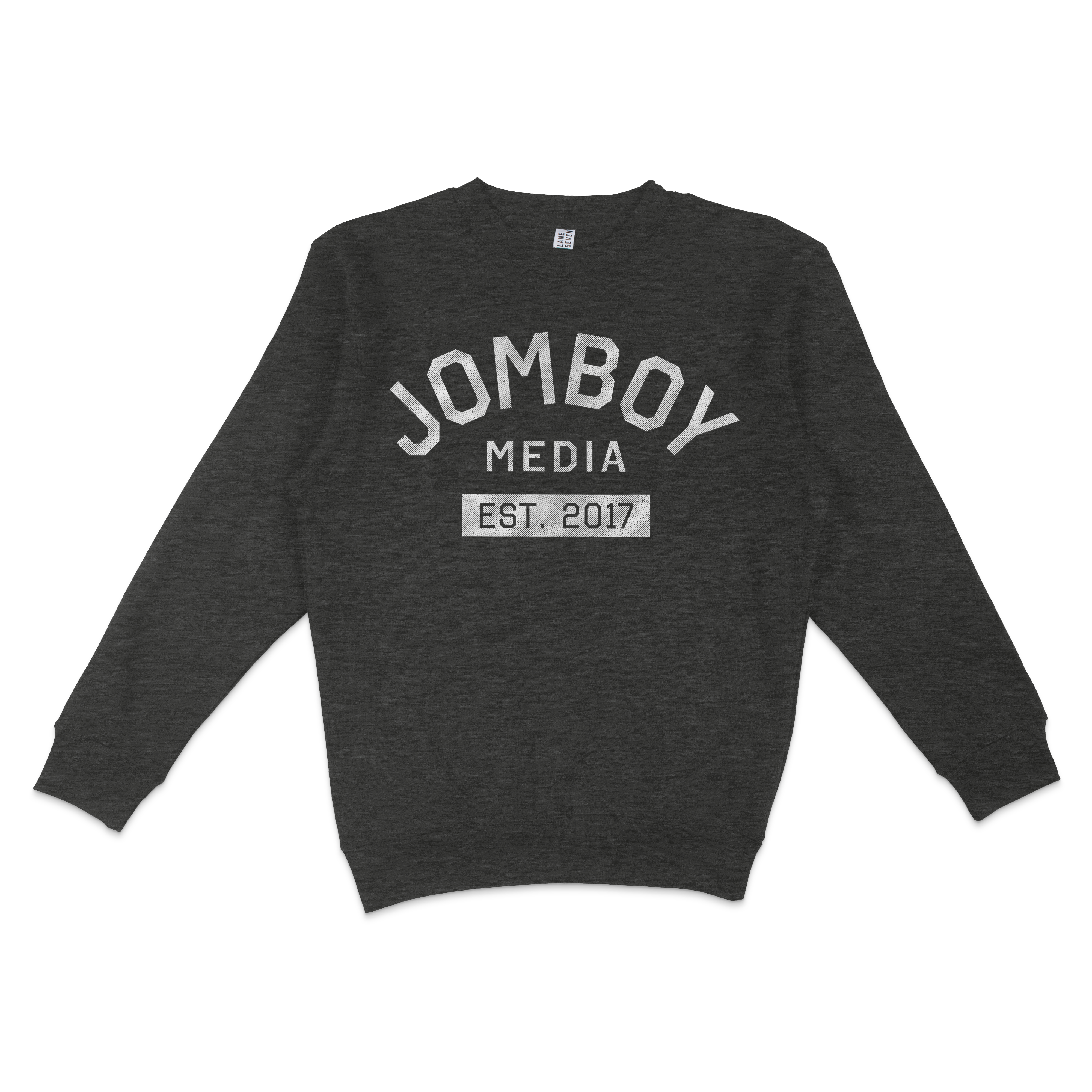 Dark gray crewneck sweatshirt featuring "Jomboy Media Est. 2017" printed in large white letters on the front.