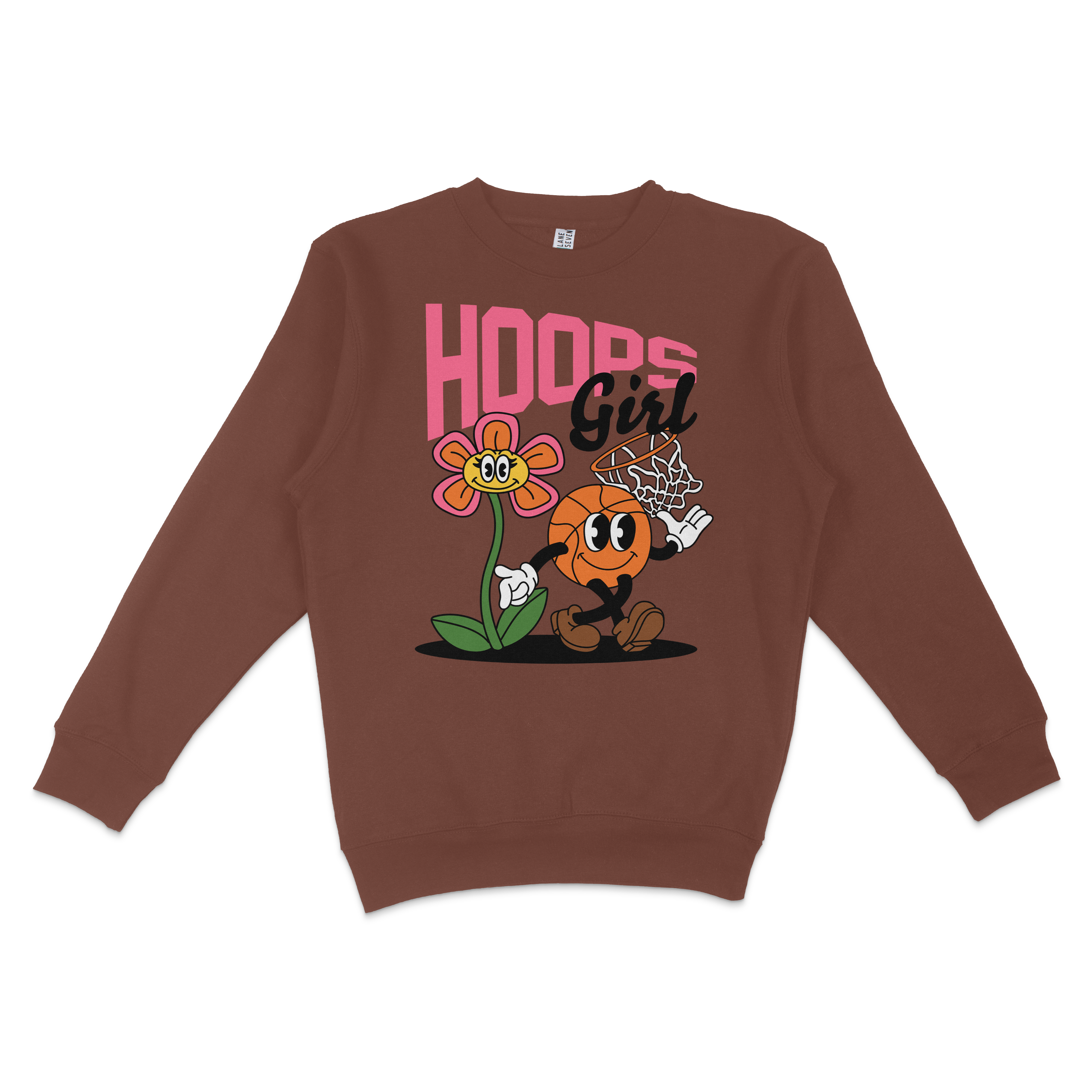 Brown crewneck sweatshirt featuring a cartoon basketball character, a flower, and the text "Hoops Girl" in pink and black.