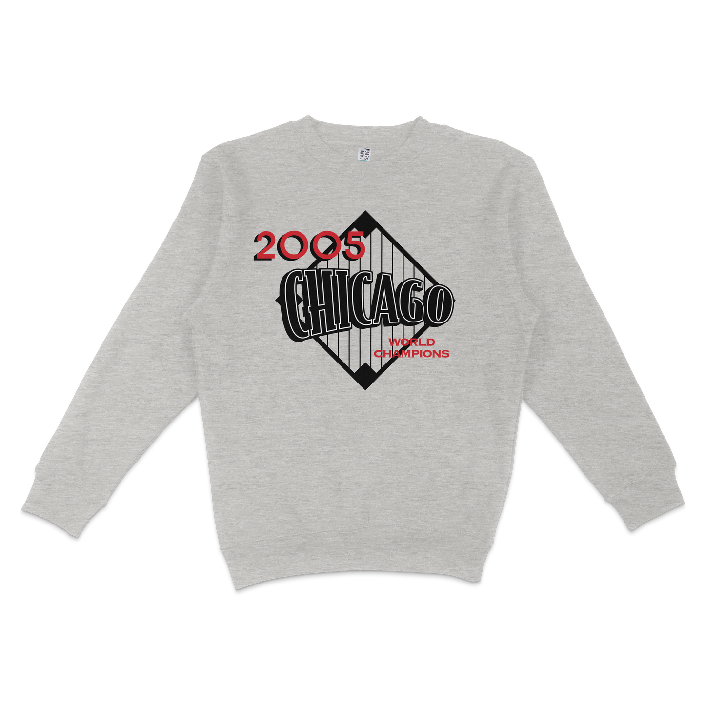 Gray crewneck sweatshirt featuring a Chicago 2005 World Champions graphic with black, red, and white text and design elements.