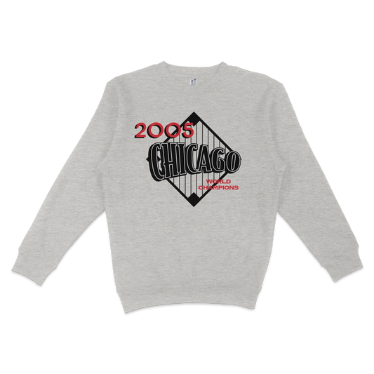 Gray crewneck sweatshirt featuring a Chicago 2005 World Champions graphic with black, red, and white text and design elements.