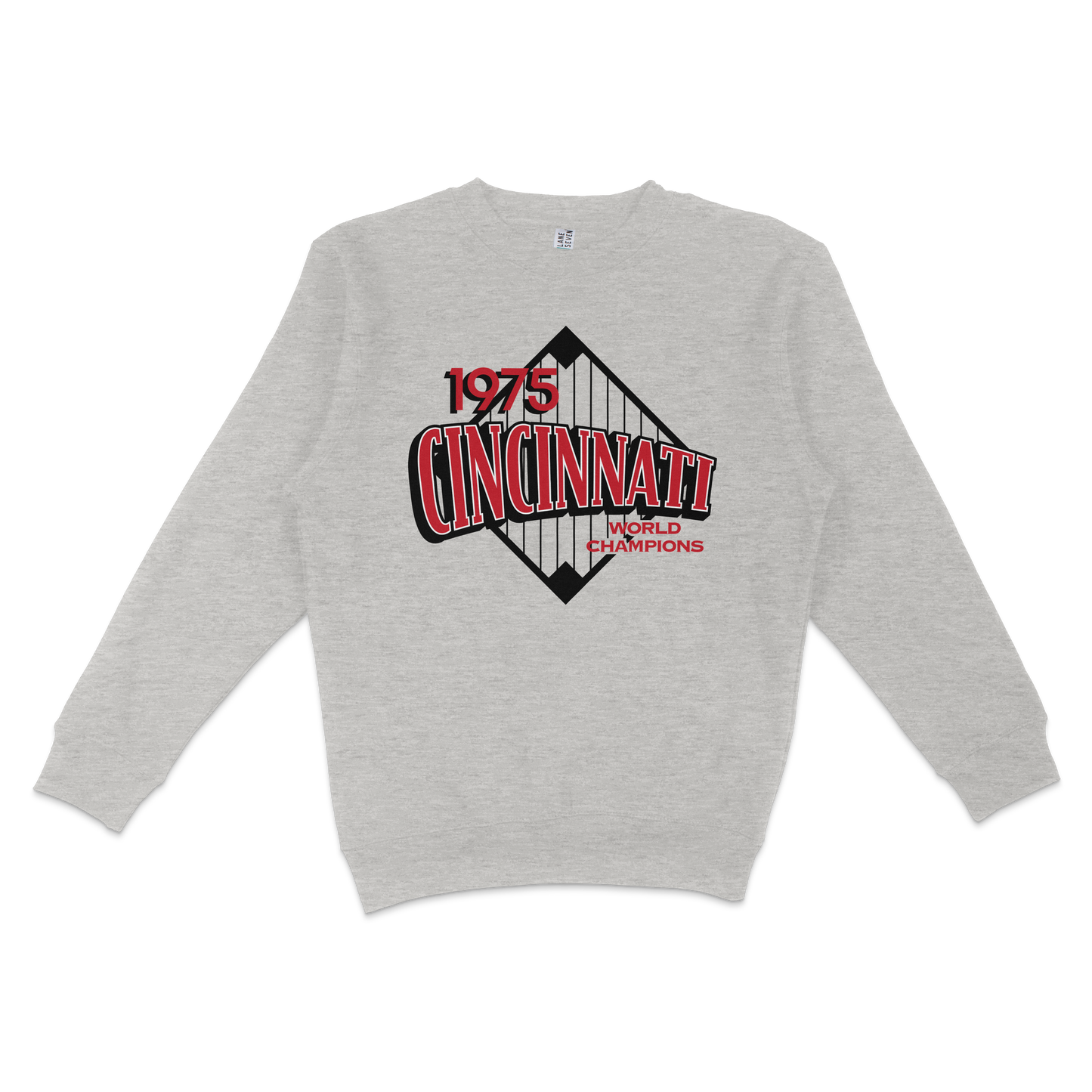 Gray crewneck sweatshirt featuring a vintage Cincinnati 1975 World Champions graphic with a bridge design and bold red, black, and white text.