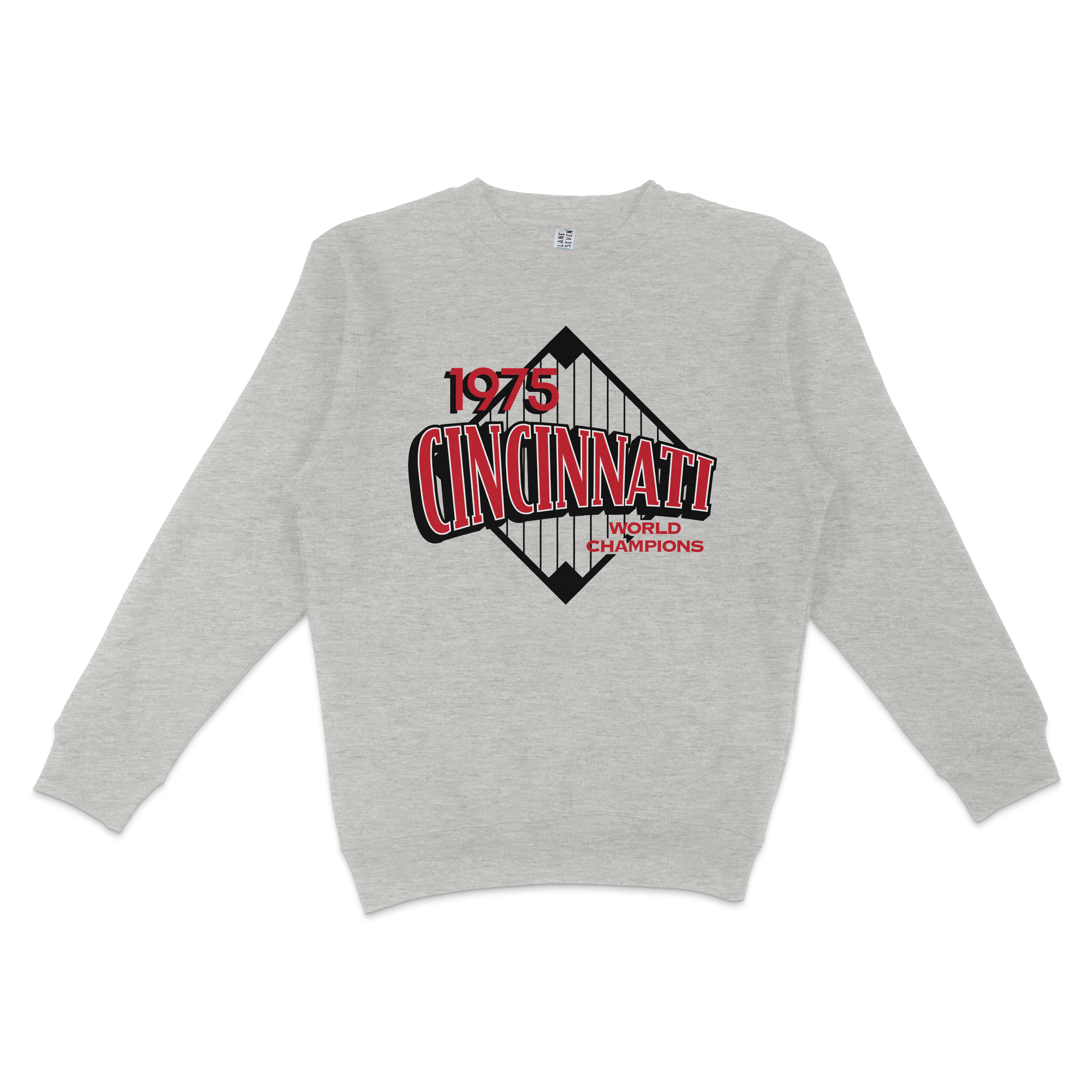 Gray crewneck sweatshirt featuring a vintage Cincinnati 1975 World Champions graphic with a bridge design and bold red, black, and white text.